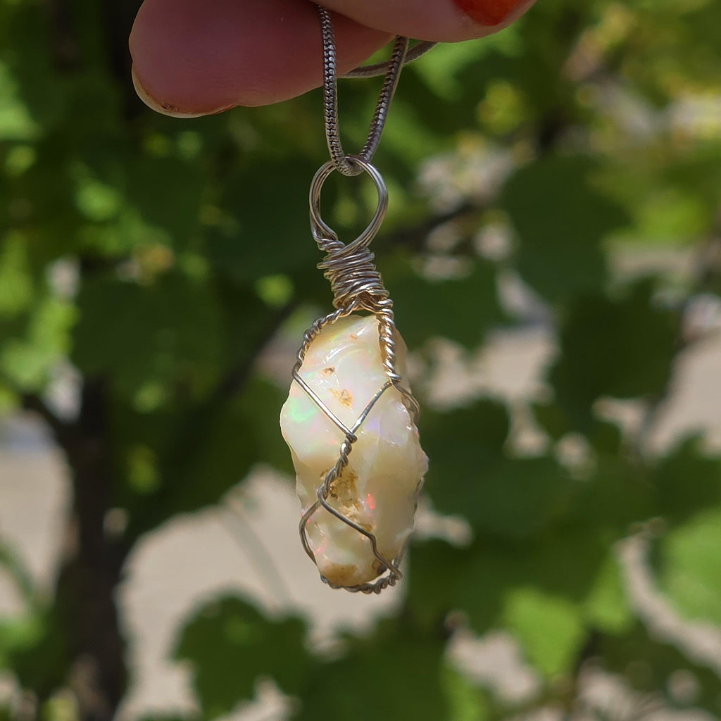 Raw Ethiopian Welo Opal Necklace | Wire Wrapped Pendant | Sterling Silver Chain