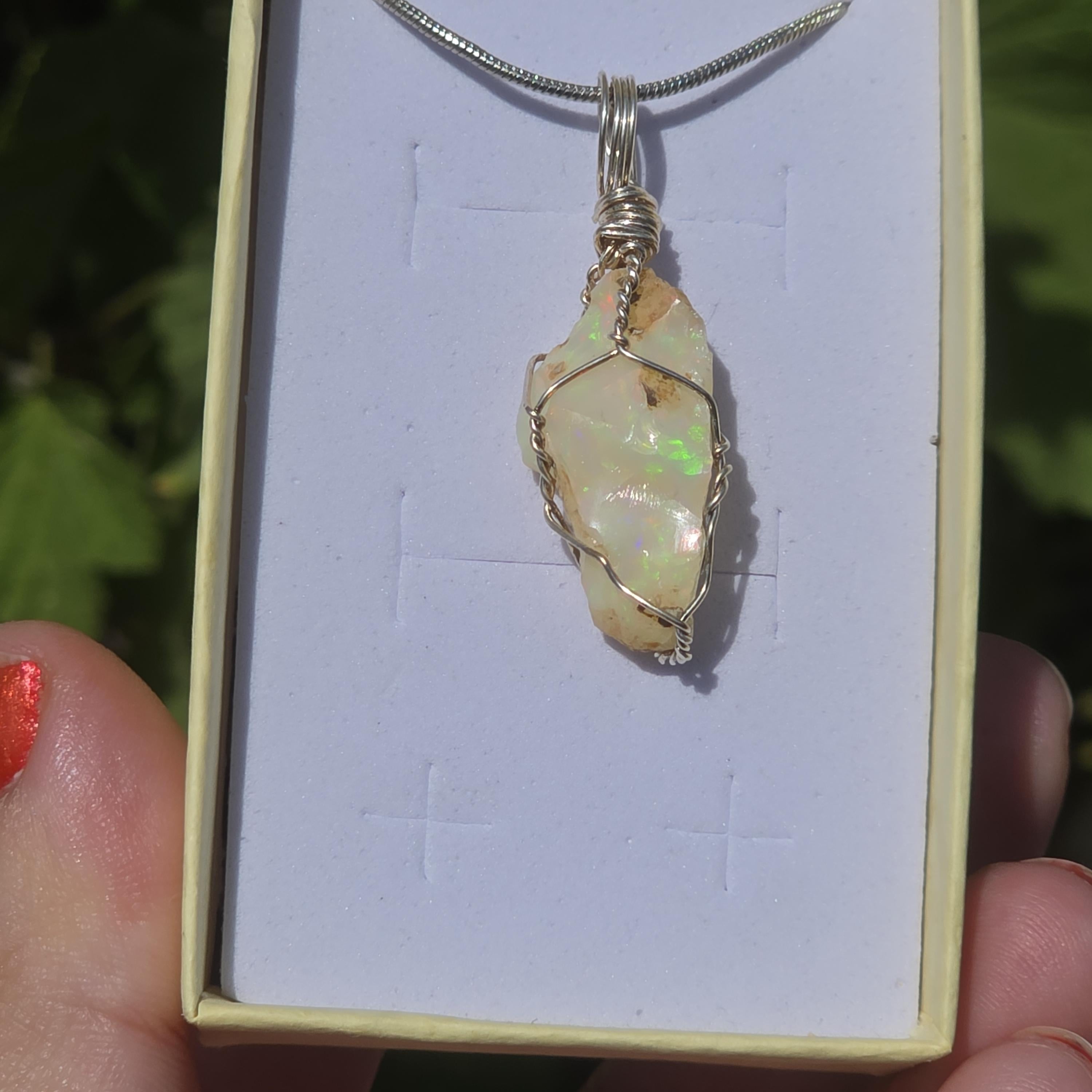Raw Ethiopian Welo Opal Necklace | Wire Wrapped Pendant | Sterling Silver Chain