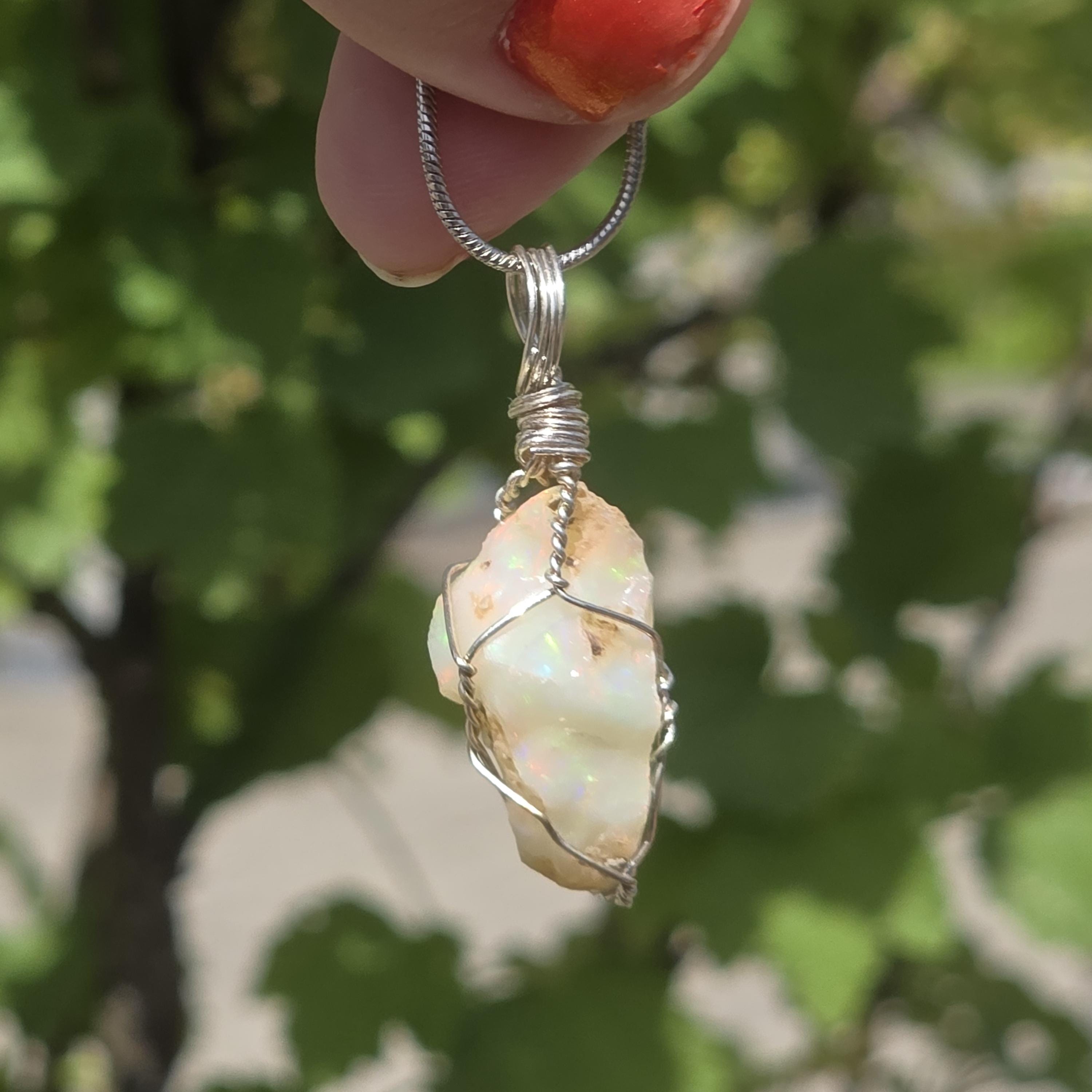 Raw Ethiopian Welo Opal Necklace | Wire Wrapped Pendant | Sterling Silver Chain