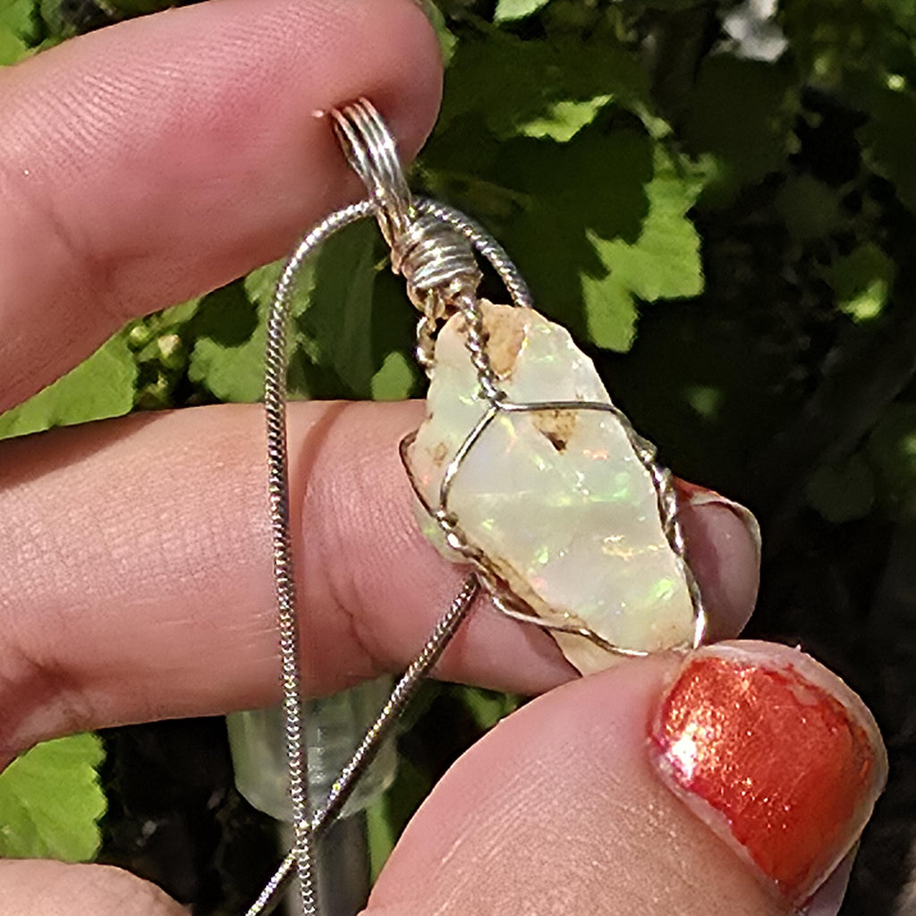 Raw Ethiopian Welo Opal Necklace | Wire Wrapped Pendant | Sterling Silver Chain