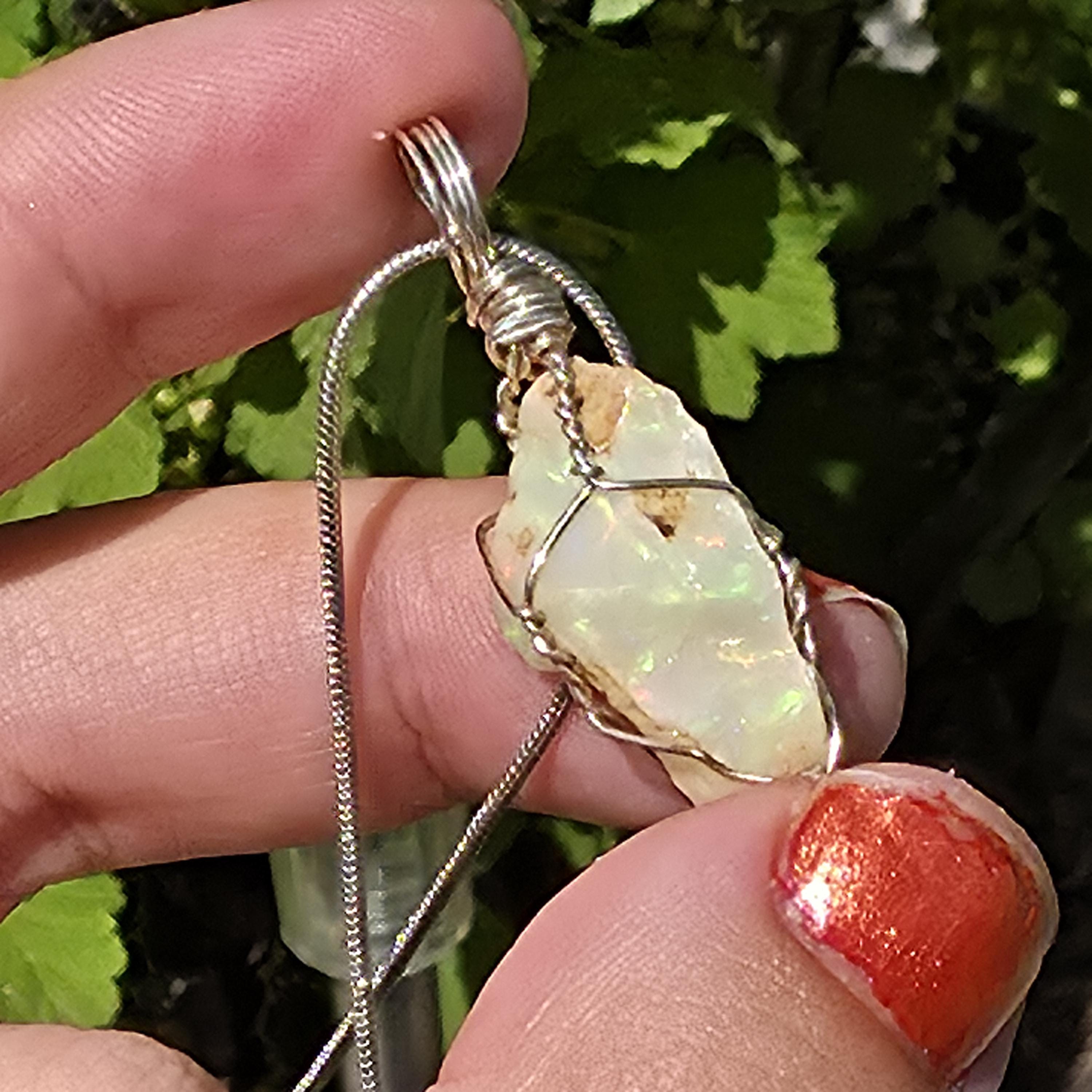 Raw Ethiopian Welo Opal Necklace | Wire Wrapped Pendant | Sterling Silver Chain