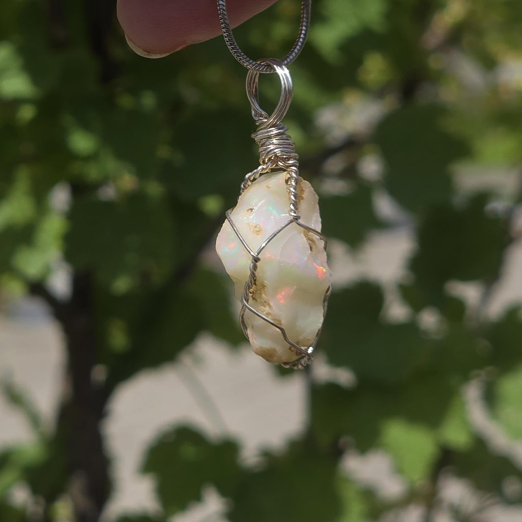 Raw Ethiopian Welo Opal Necklace | Wire Wrapped Pendant | Sterling Silver Chain