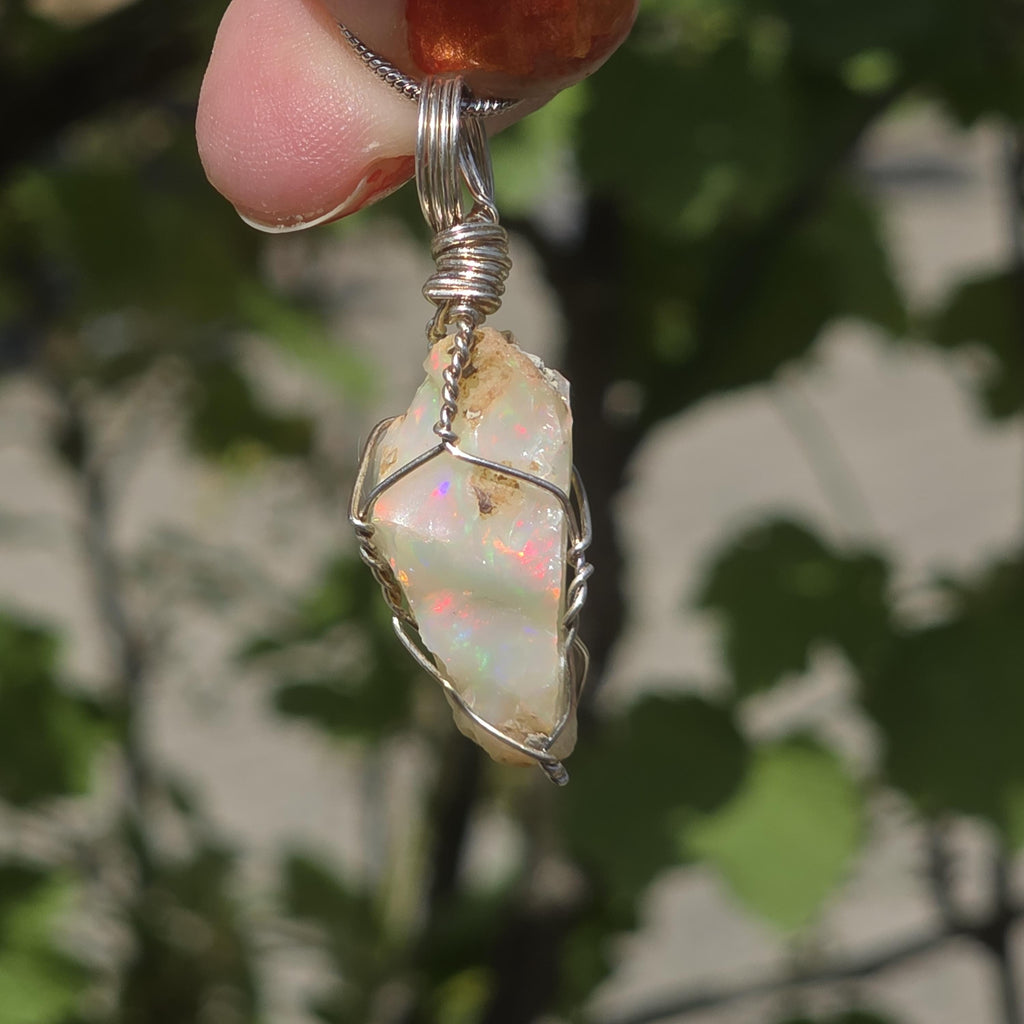 Raw Ethiopian Welo Opal Necklace | Wire Wrapped Pendant | Sterling Silver Chain