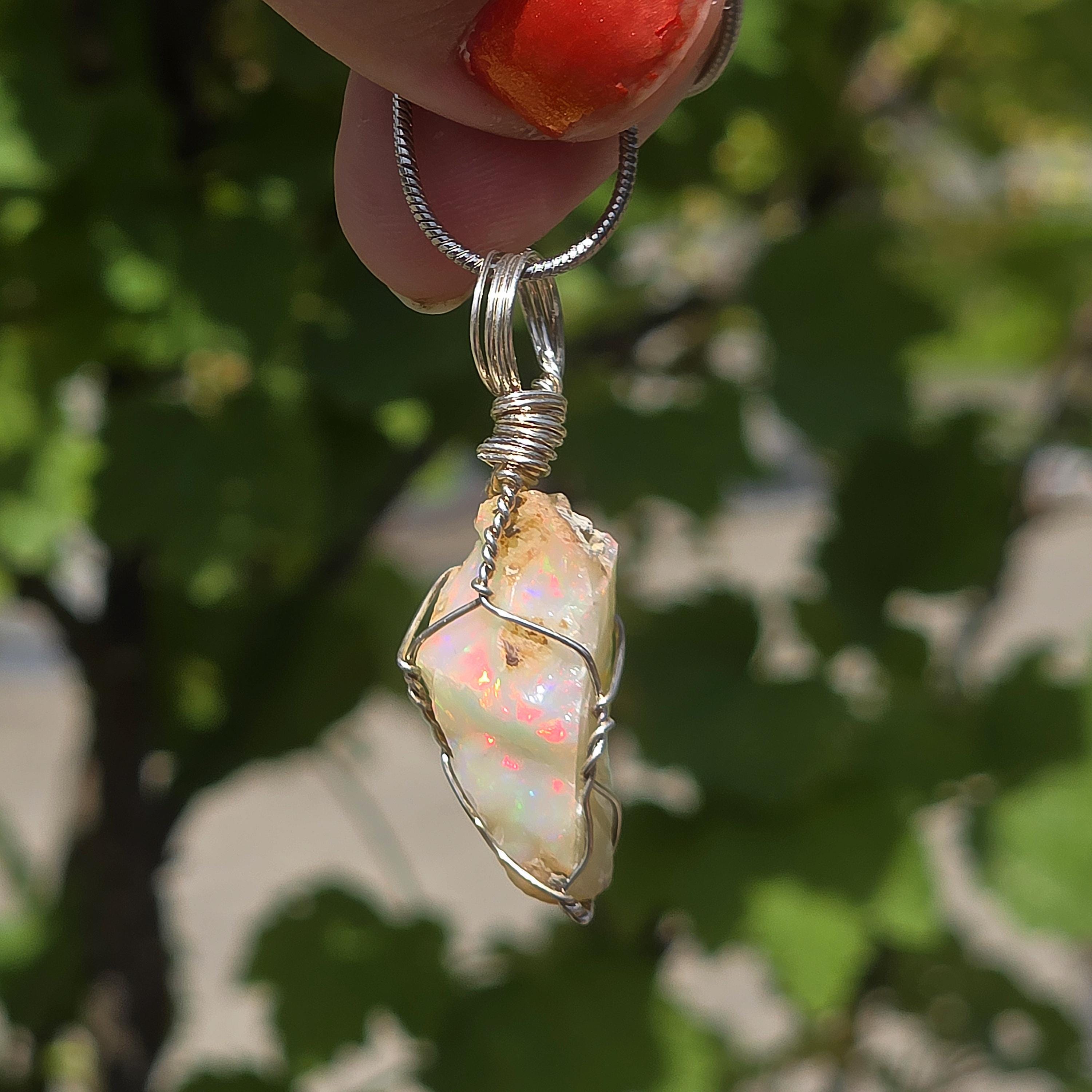 Raw Ethiopian Welo Opal Necklace | Wire Wrapped Pendant | Sterling Silver Chain