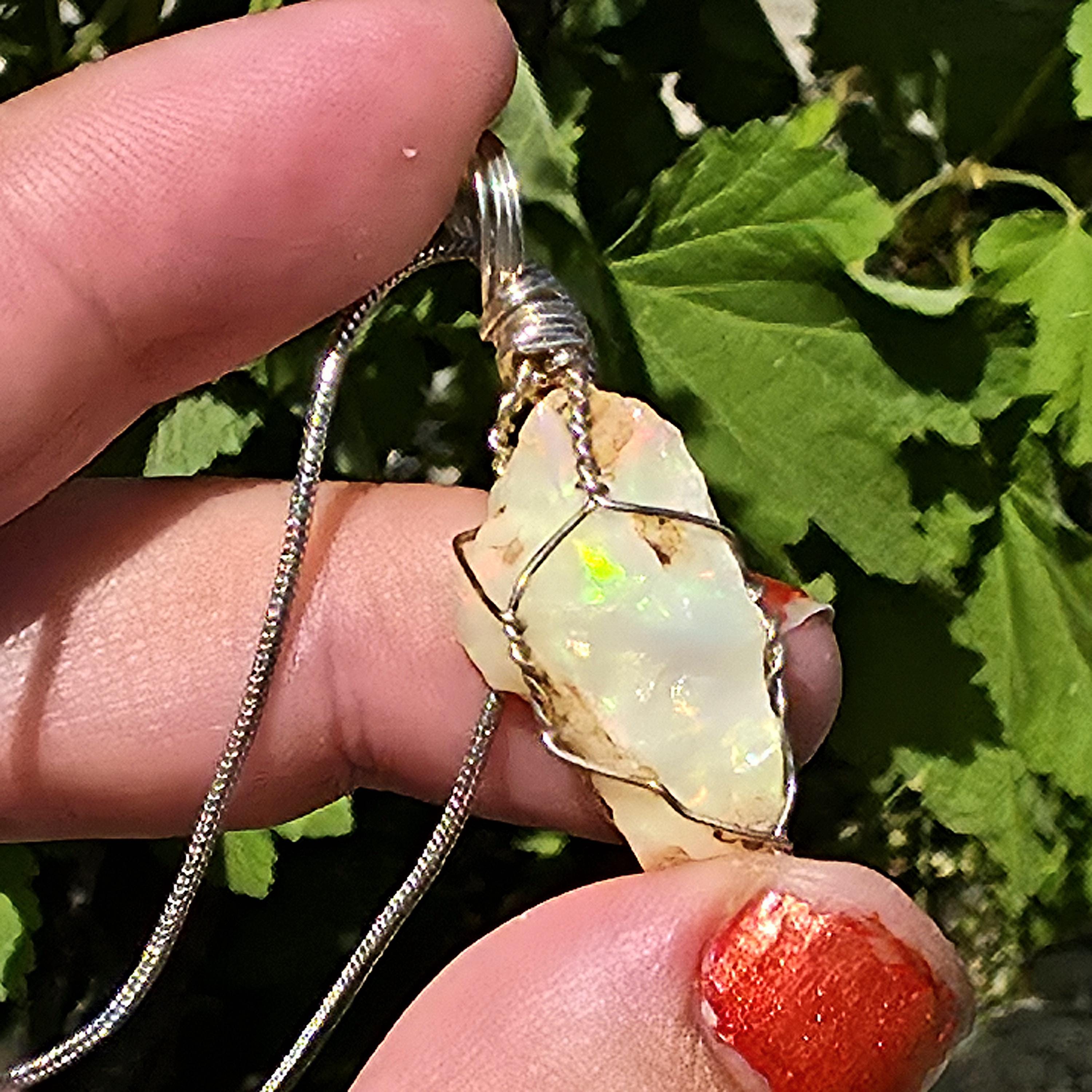 Raw Ethiopian Welo Opal Necklace | Wire Wrapped Pendant | Sterling Silver Chain