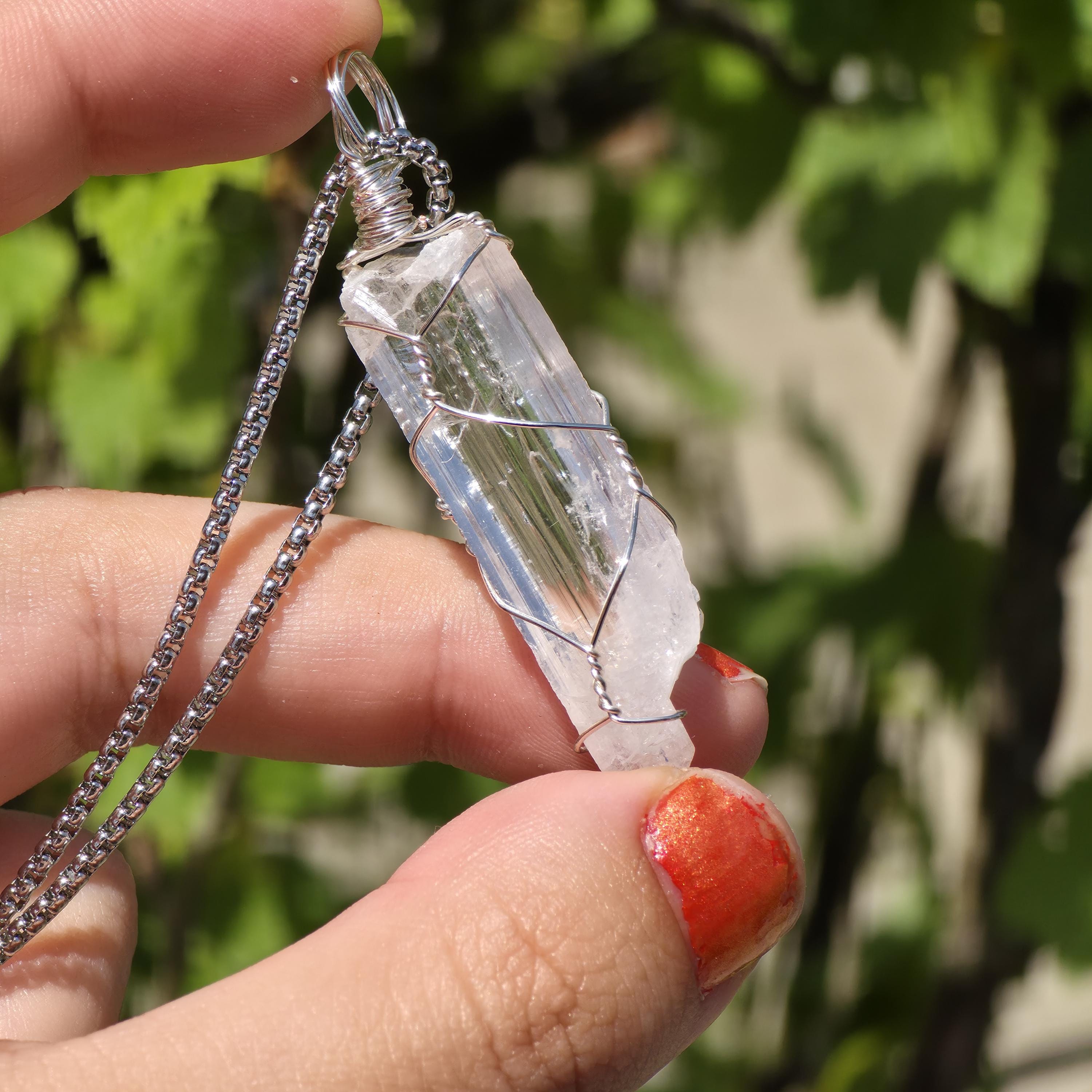 Danburite Crystal Necklace | Clear Danburite Pendant | Wire Wrapped Danburite | 22 Inch Stainless Steel Chain | Rare Crystal Jewelry