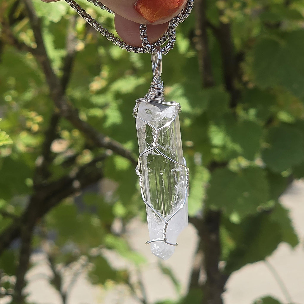 Danburite Crystal Necklace | Clear Danburite Pendant | Wire Wrapped Danburite | 22 Inch Stainless Steel Chain | Rare Crystal Jewelry