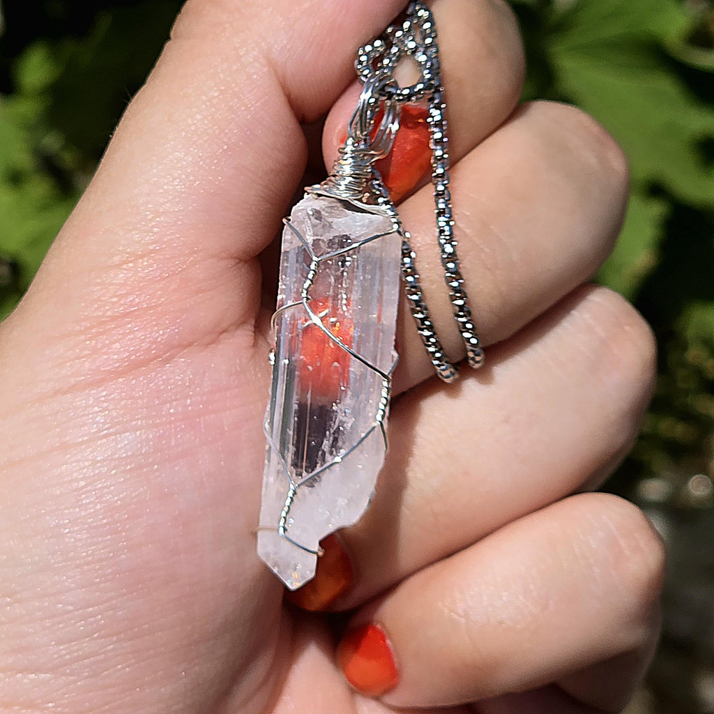 Danburite Crystal Necklace | Clear Danburite Pendant | Wire Wrapped Danburite | 22 Inch Stainless Steel Chain | Rare Crystal Jewelry