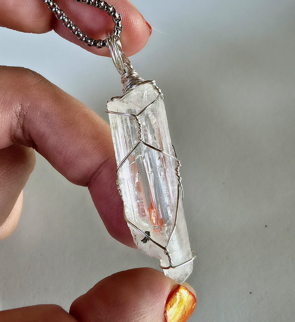 Danburite Crystal Necklace | Clear Danburite Pendant | Wire Wrapped Danburite | 22 Inch Stainless Steel Chain | Rare Crystal Jewelry
