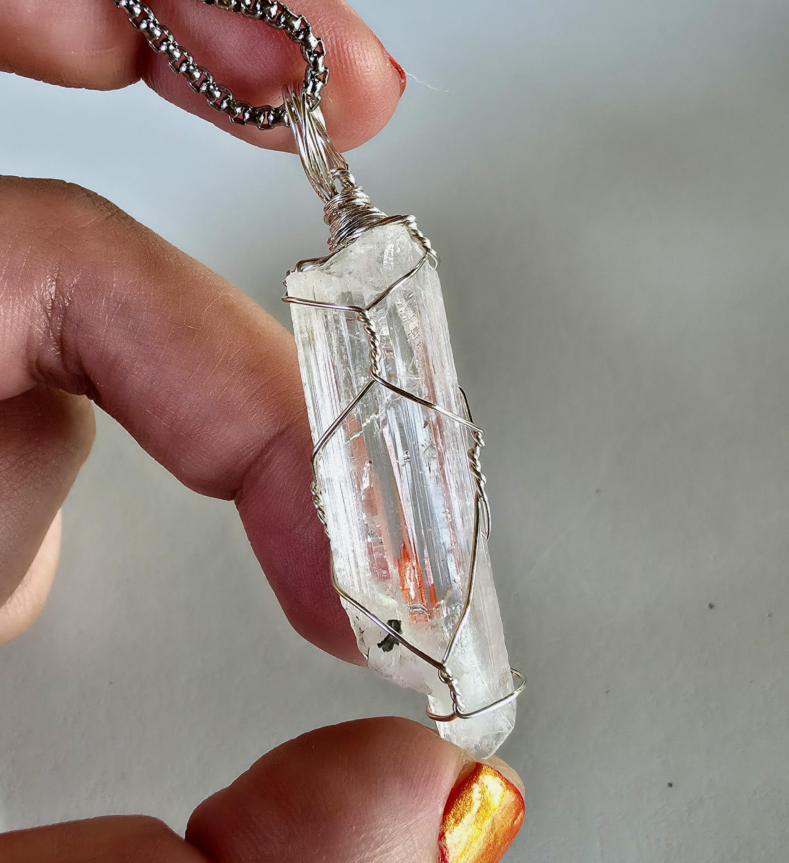 Danburite Crystal Necklace | Clear Danburite Pendant | Wire Wrapped Danburite | 22 Inch Stainless Steel Chain | Rare Crystal Jewelry