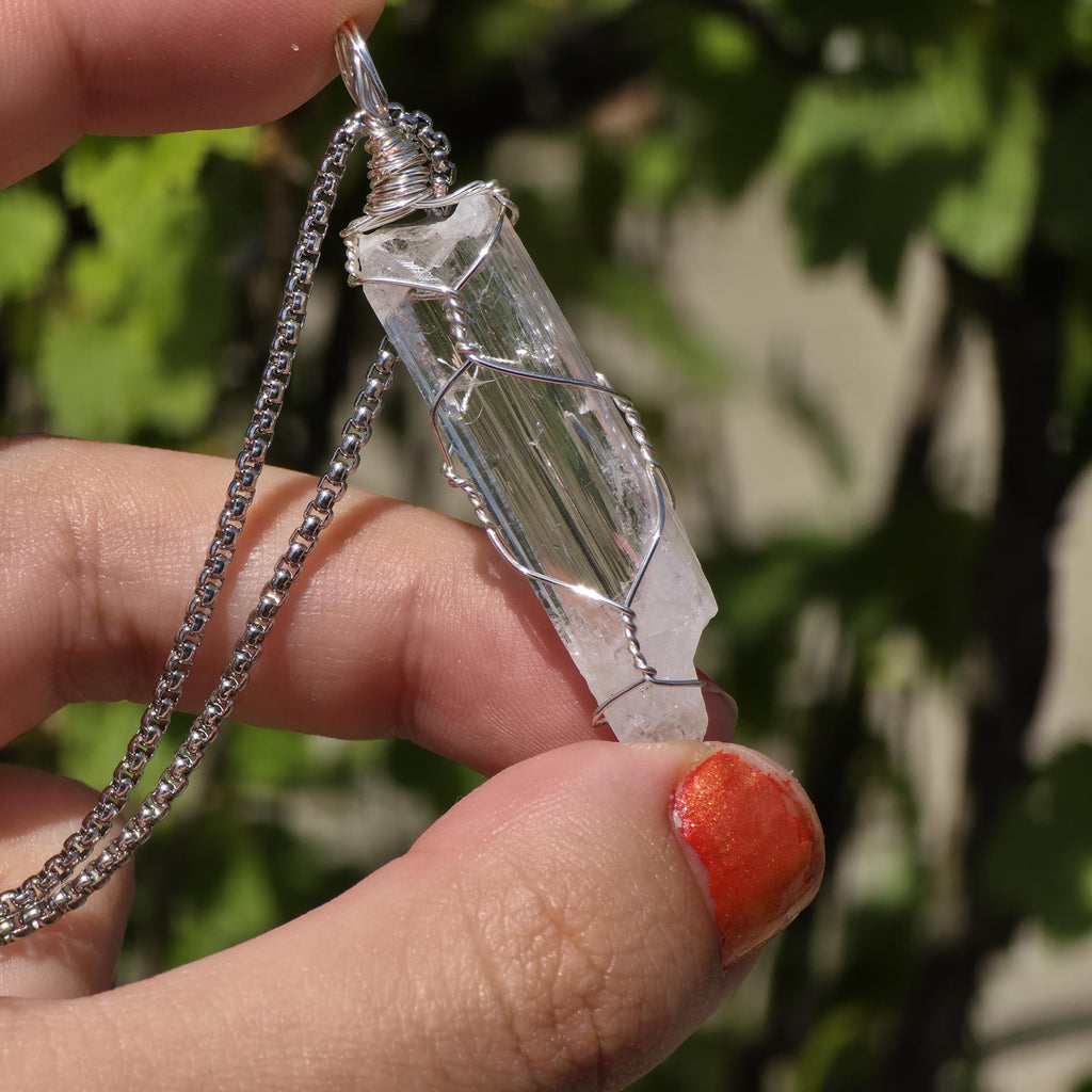 Danburite Crystal Necklace | Clear Danburite Pendant | Wire Wrapped Danburite | 22 Inch Stainless Steel Chain | Rare Crystal Jewelry
