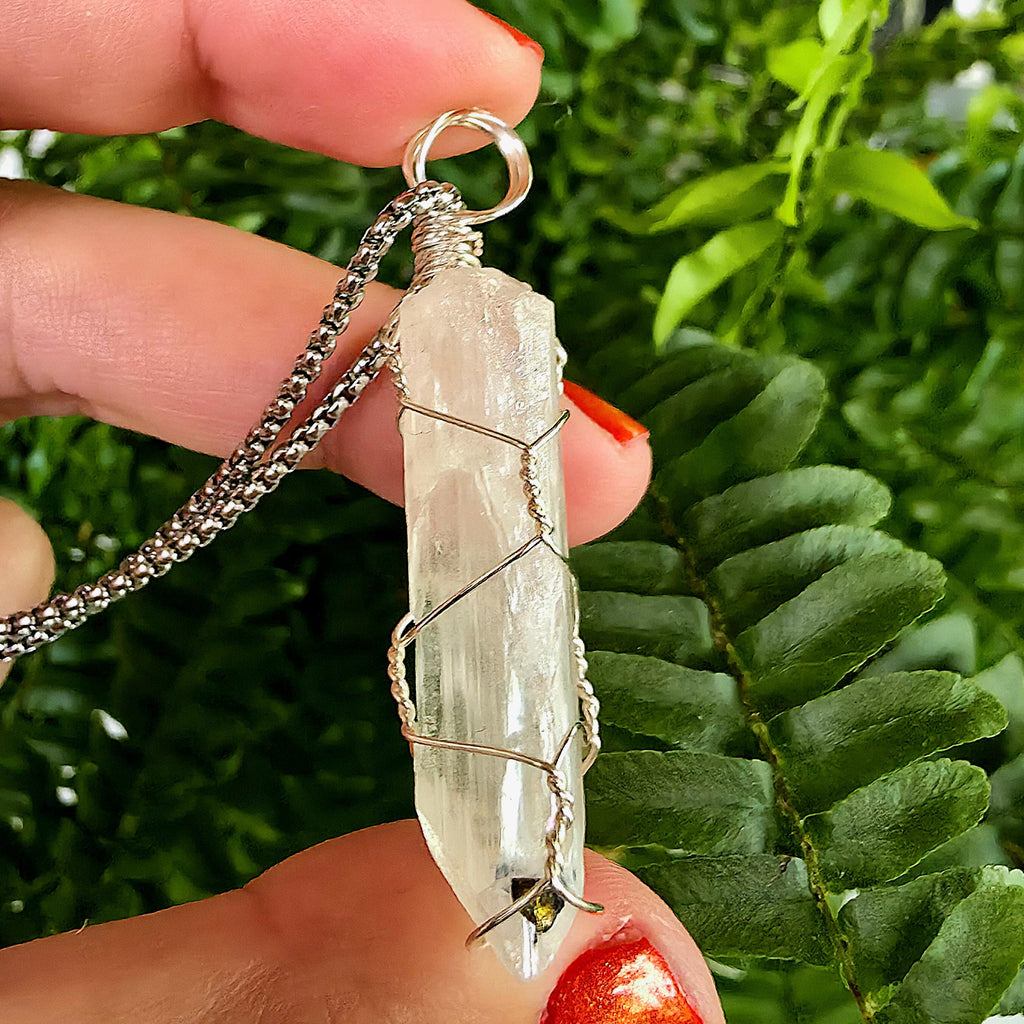 Wire Wrapped Danburite Crystal Necklace | Clear Pendant, Rare Mexican Stone, Stainless Steel Chain
