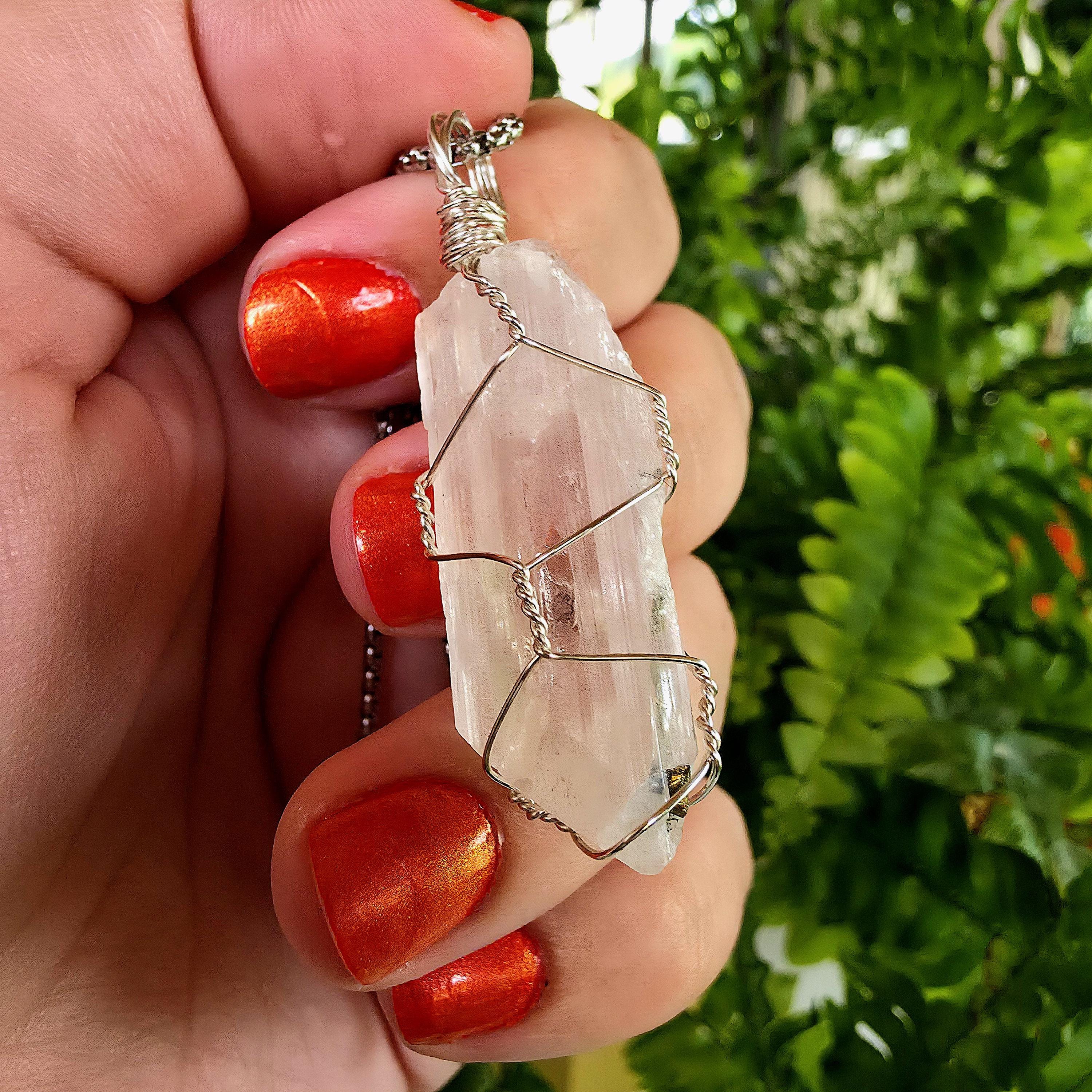 Wire Wrapped Danburite Crystal Necklace | Clear Pendant, Rare Mexican Stone, Stainless Steel Chain