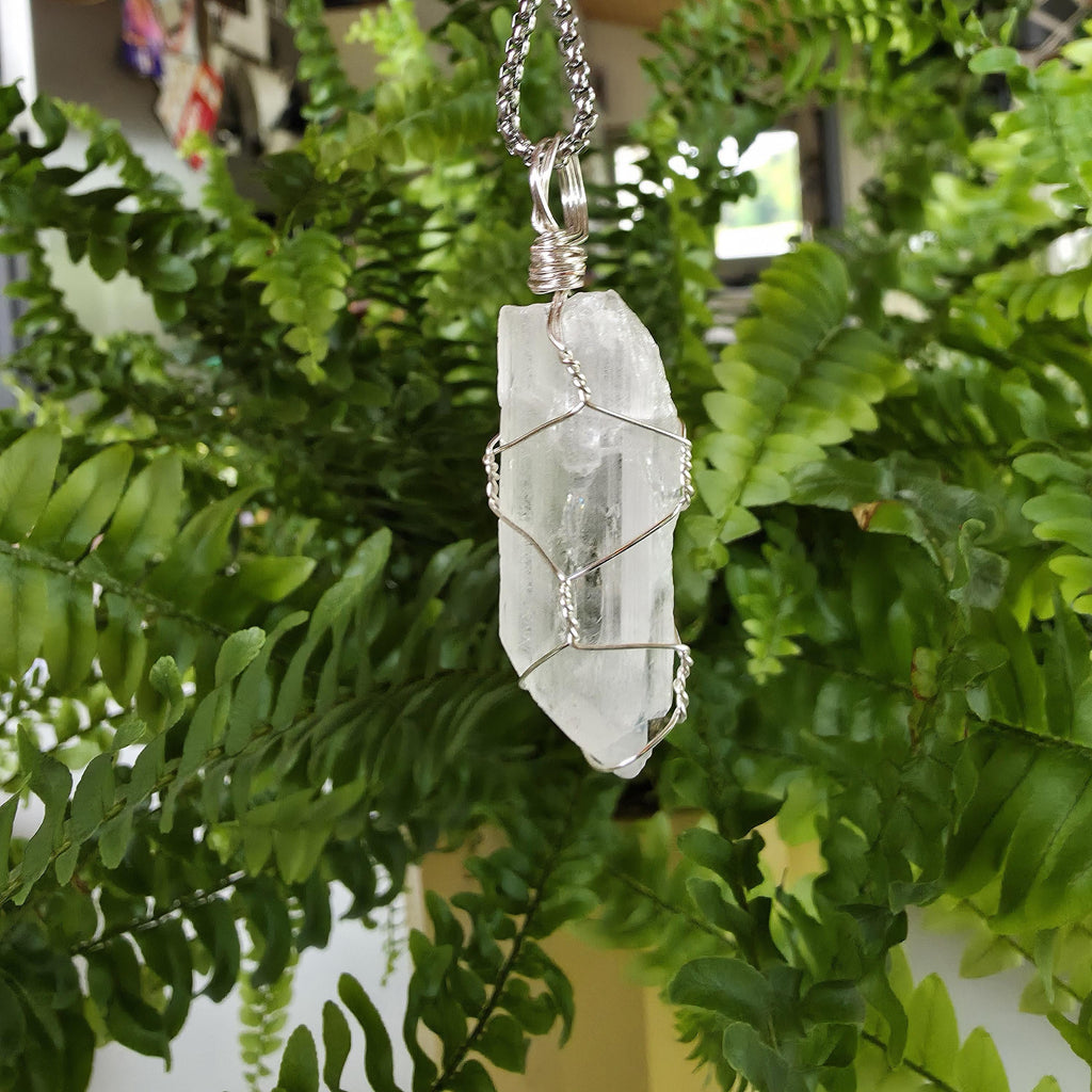 Wire Wrapped Danburite Crystal Necklace | Clear Pendant, Rare Mexican Stone, Stainless Steel Chain
