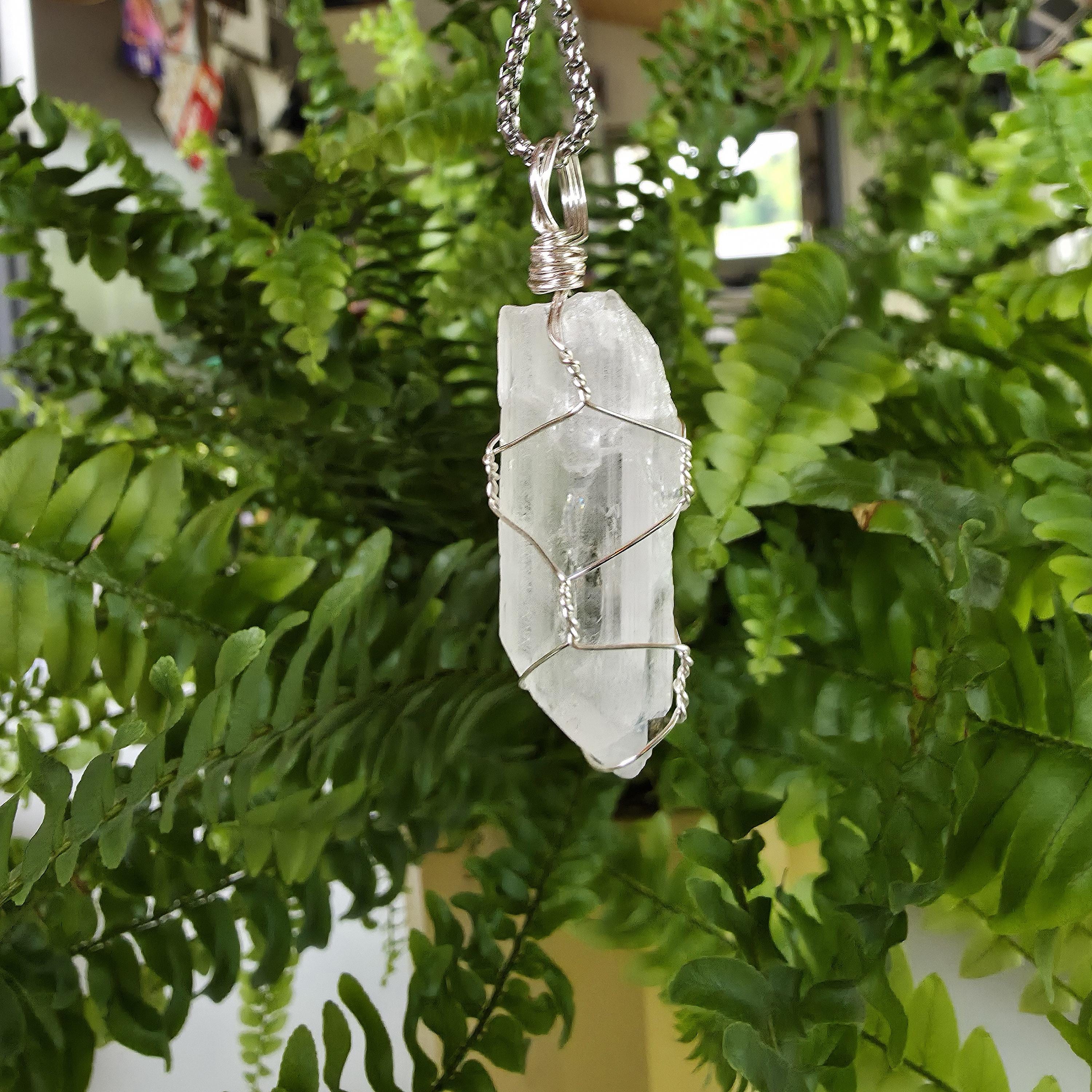 Wire Wrapped Danburite Crystal Necklace | Clear Pendant, Rare Mexican Stone, Stainless Steel Chain