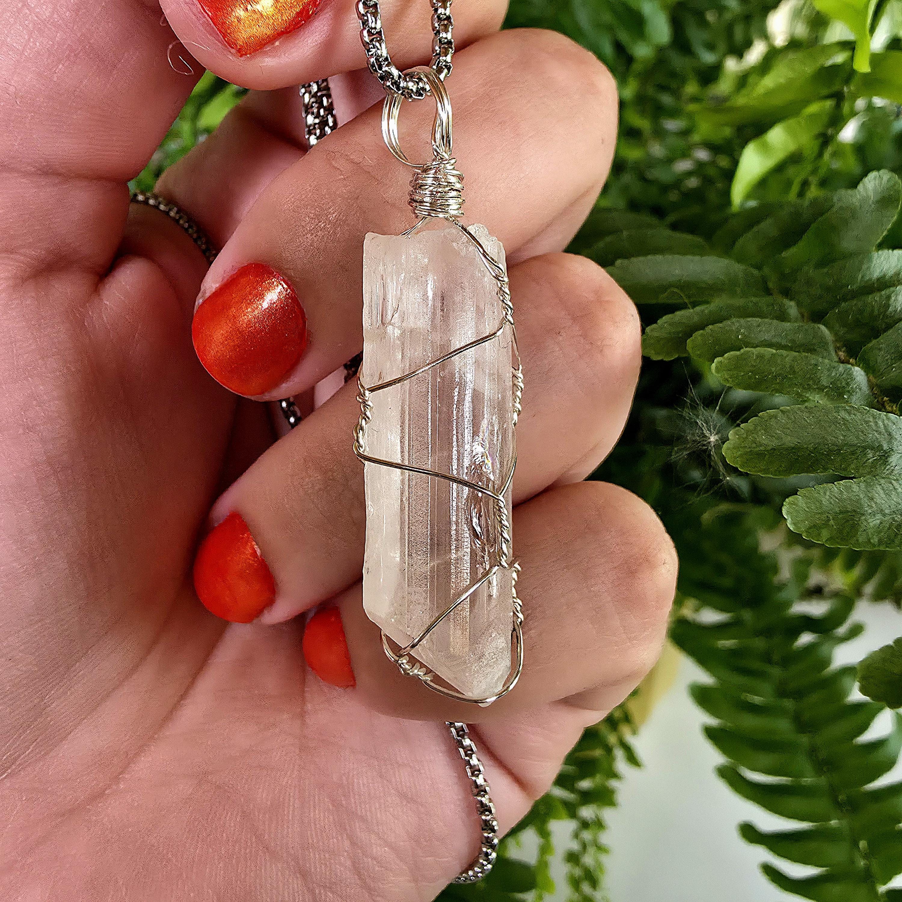 Wire Wrapped Danburite Crystal Necklace | Clear Pendant, Rare Mexican Stone, Stainless Steel Chain