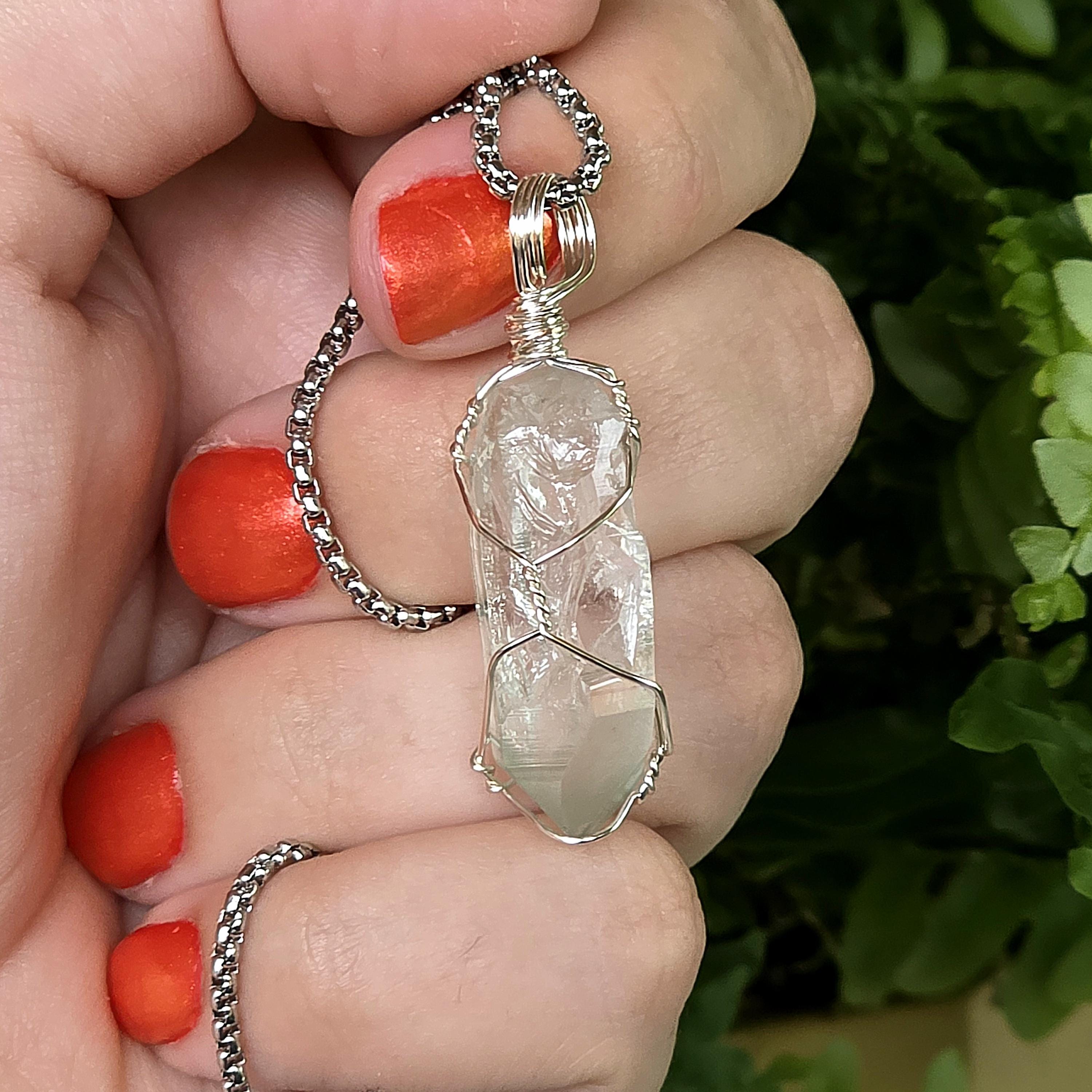 Himalayan Quartz Point Necklace | Chlorite Included Crystal | High Altitude Quartz Pendant | Stainless Steel Chain Jewelry