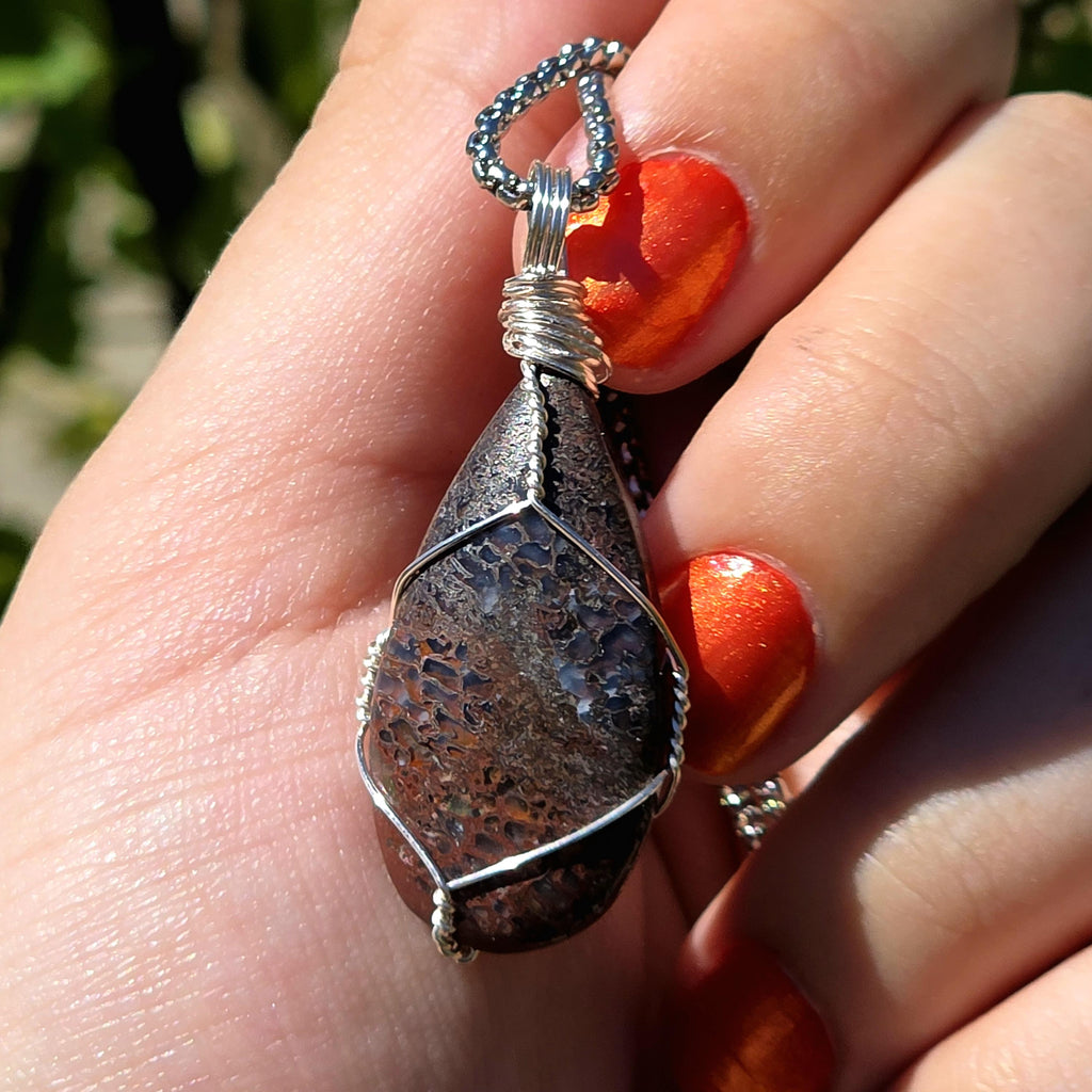 Dinosaur Bone Necklace | Fossil Cabochon Pendant | Polished Dino Bone | Stainless Steel Chain | Prehistoric Jewelry