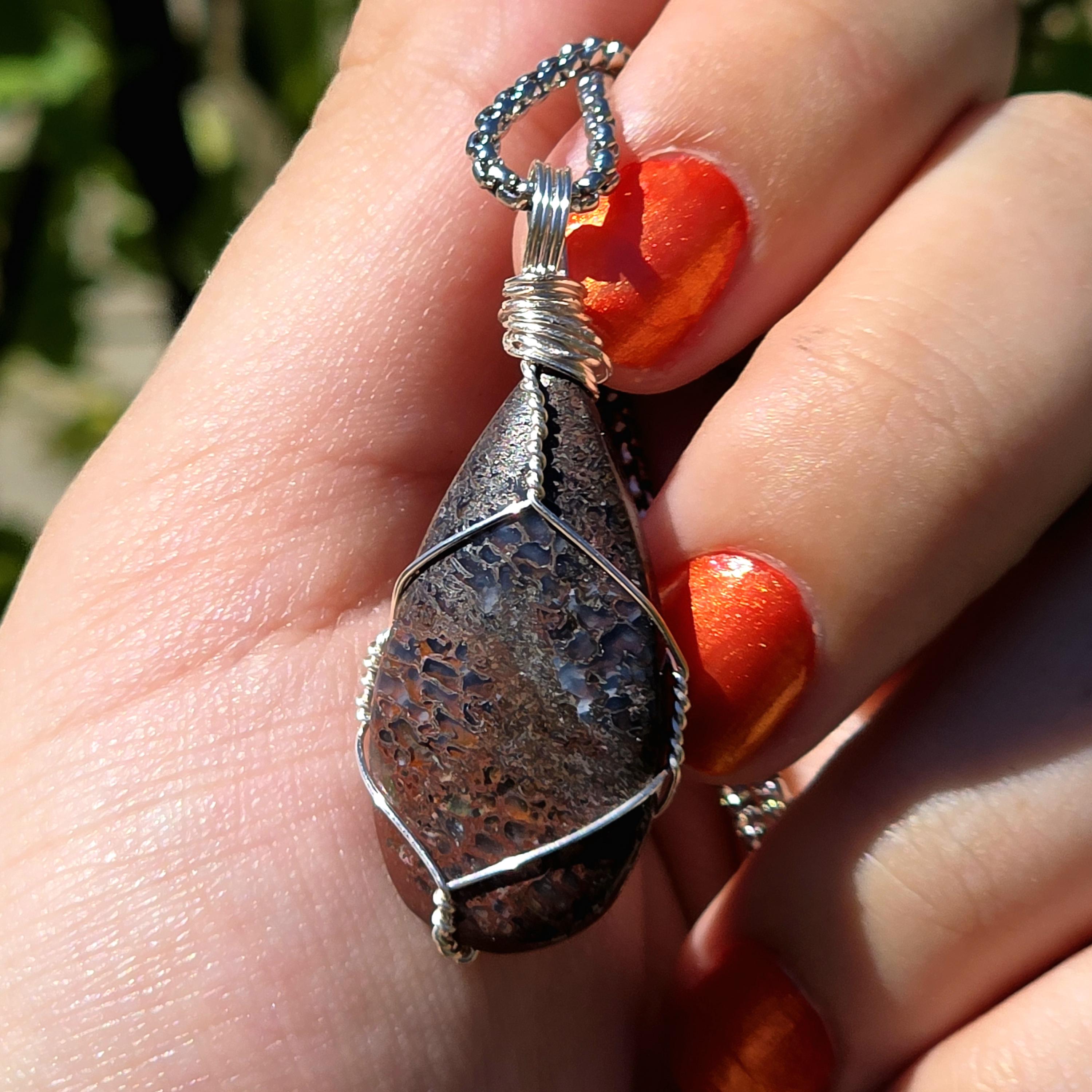 Dinosaur Bone Necklace | Fossil Cabochon Pendant | Polished Dino Bone | Stainless Steel Chain | Prehistoric Jewelry