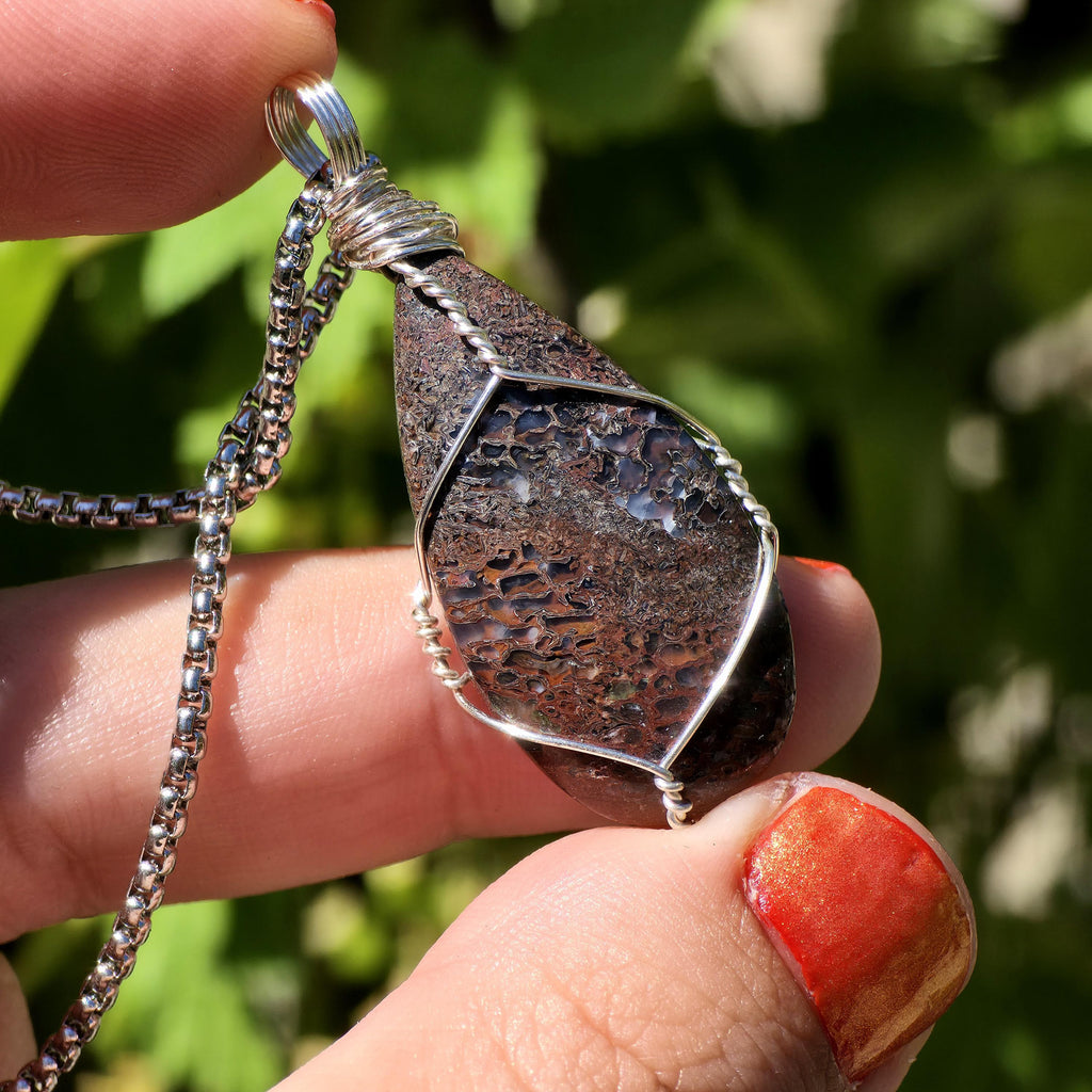 Dinosaur Bone Necklace | Fossil Cabochon Pendant | Polished Dino Bone | Stainless Steel Chain | Prehistoric Jewelry