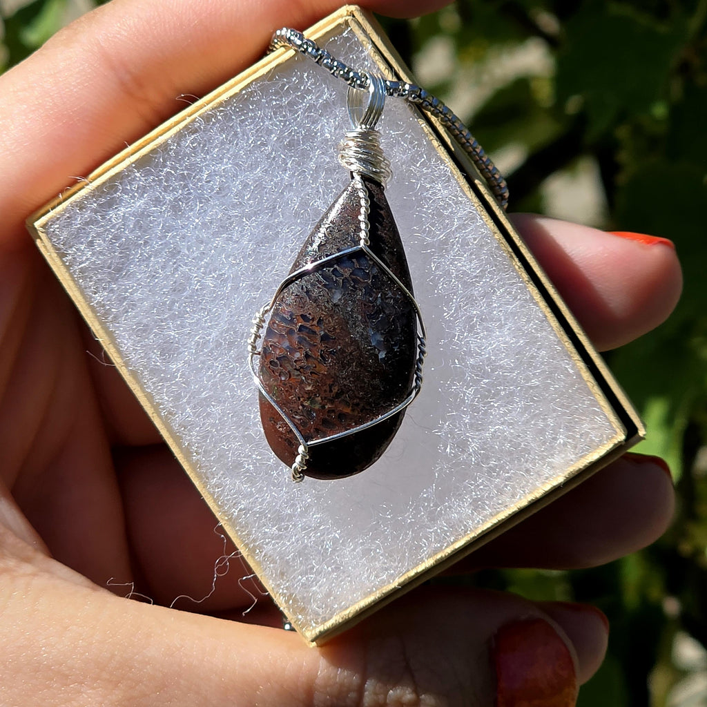 Dinosaur Bone Necklace | Fossil Cabochon Pendant | Polished Dino Bone | Stainless Steel Chain | Prehistoric Jewelry