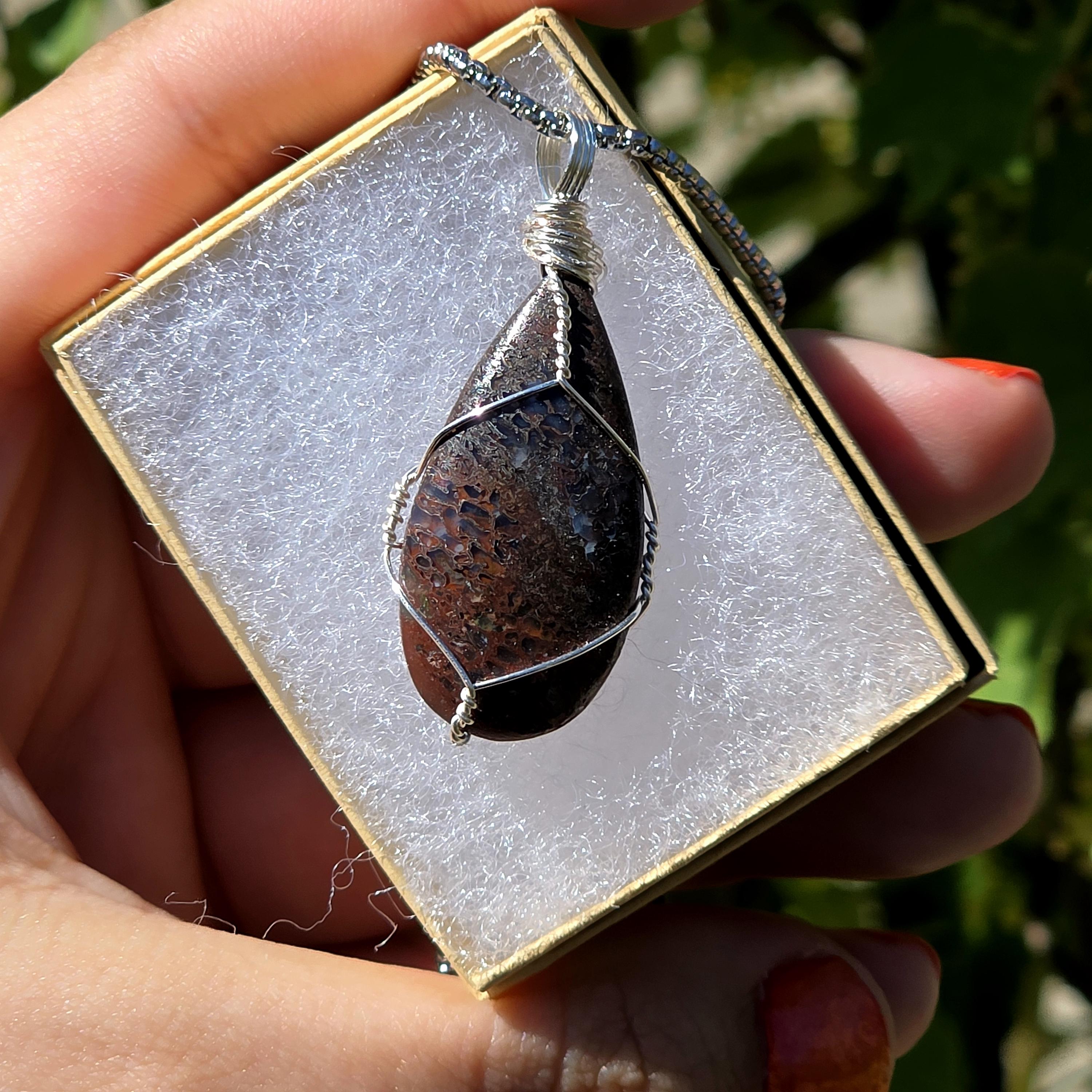 Dinosaur Bone Necklace | Fossil Cabochon Pendant | Polished Dino Bone | Stainless Steel Chain | Prehistoric Jewelry