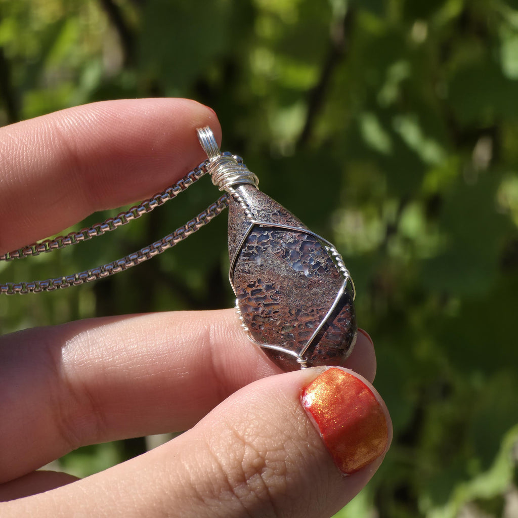 Dinosaur Bone Necklace | Fossil Cabochon Pendant | Polished Dino Bone | Stainless Steel Chain | Prehistoric Jewelry