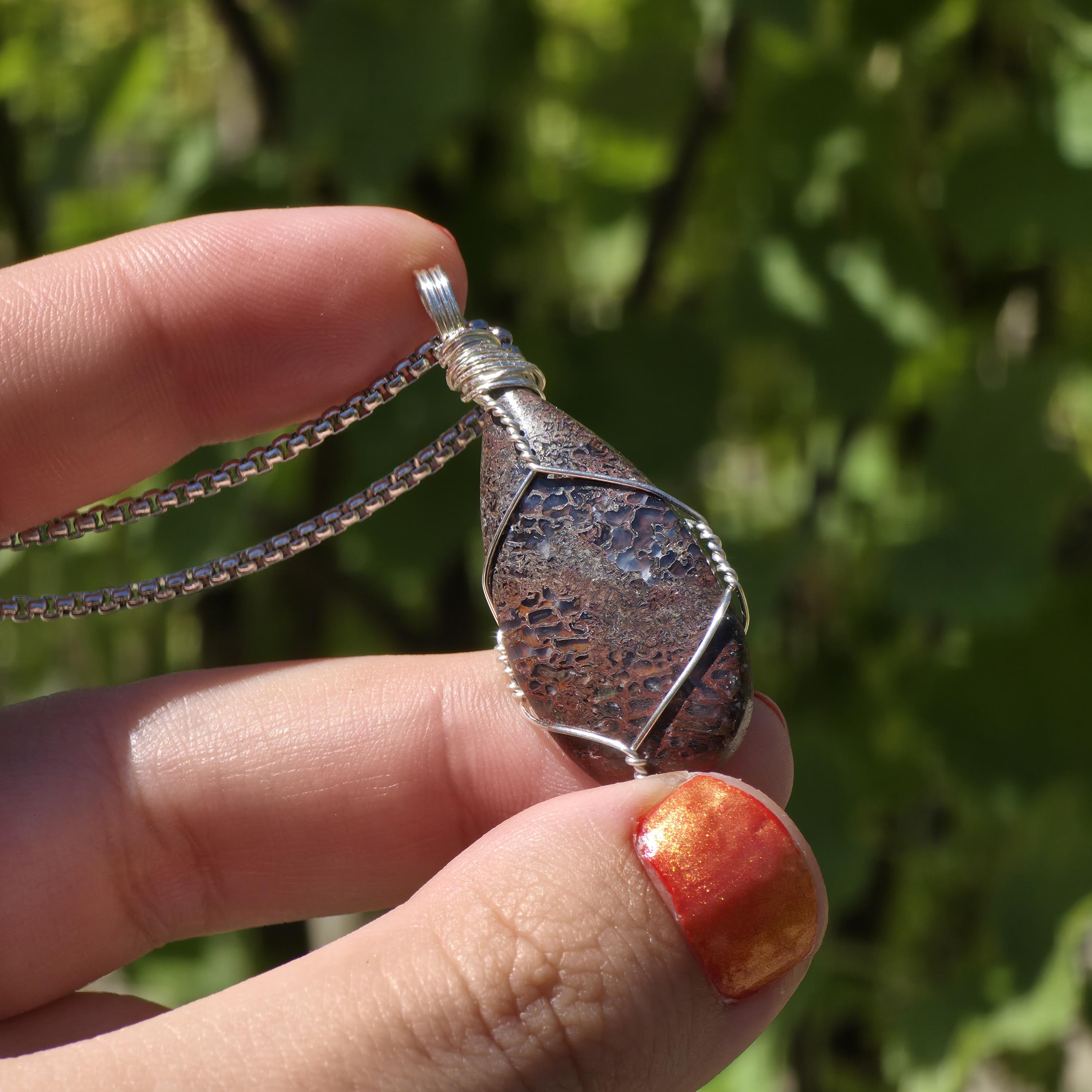 Dinosaur Bone Necklace | Fossil Cabochon Pendant | Polished Dino Bone | Stainless Steel Chain | Prehistoric Jewelry