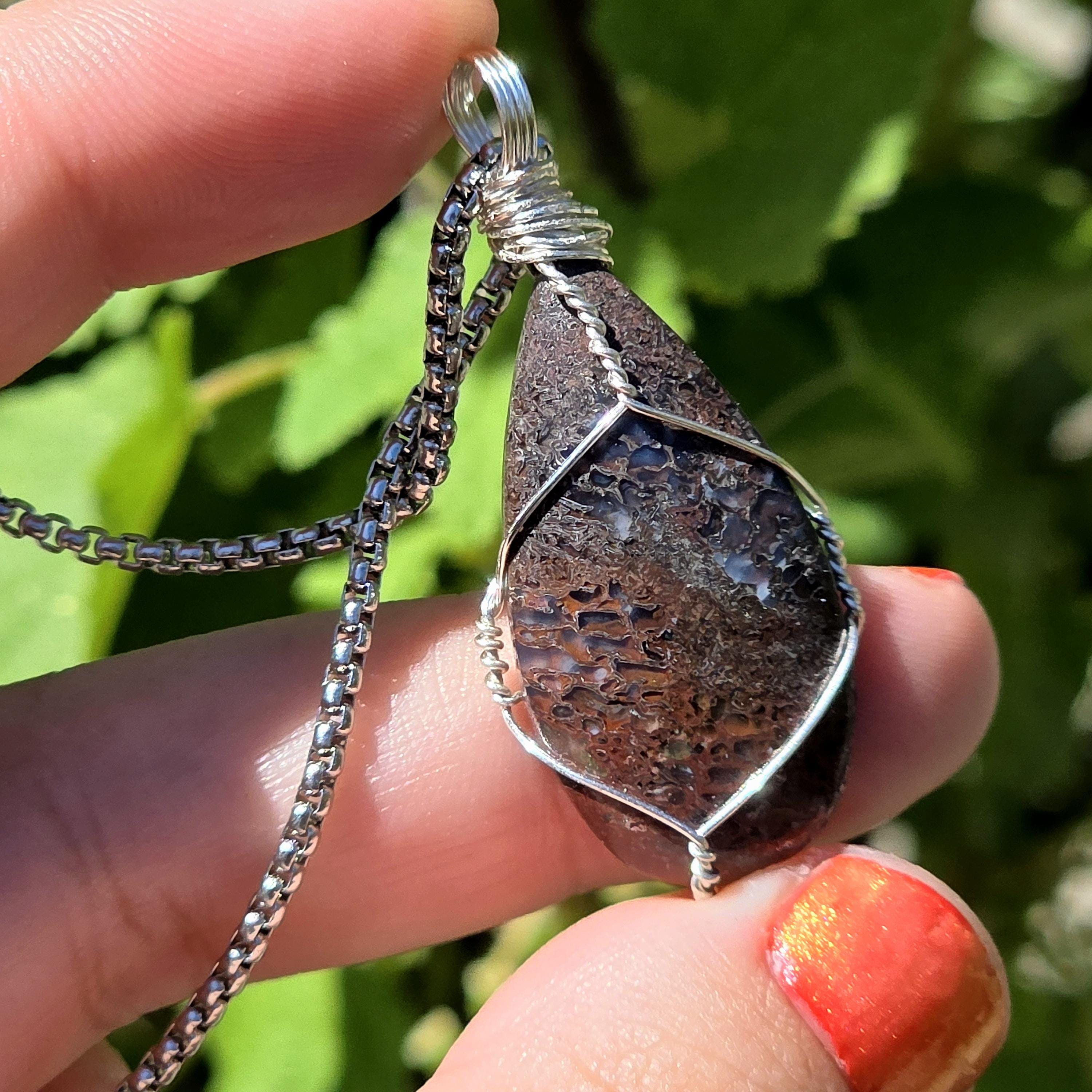 Dinosaur Bone Necklace | Fossil Cabochon Pendant | Polished Dino Bone | Stainless Steel Chain | Prehistoric Jewelry