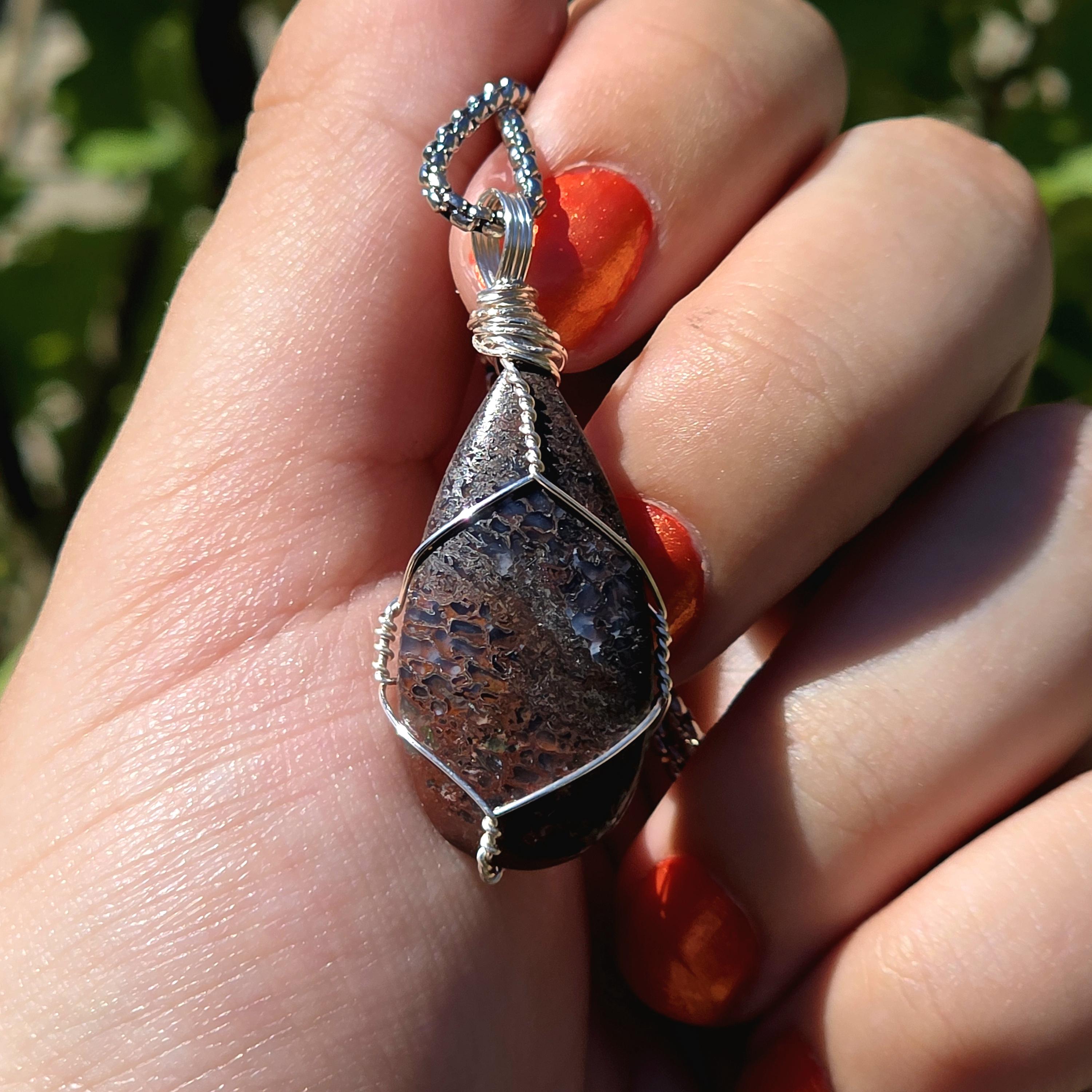 Dinosaur Bone Necklace | Fossil Cabochon Pendant | Polished Dino Bone | Stainless Steel Chain | Prehistoric Jewelry