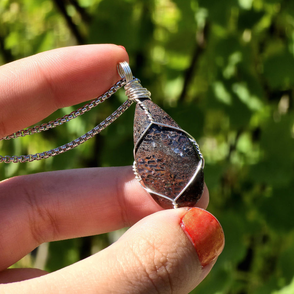 Dinosaur Bone Necklace | Fossil Cabochon Pendant | Polished Dino Bone | Stainless Steel Chain | Prehistoric Jewelry