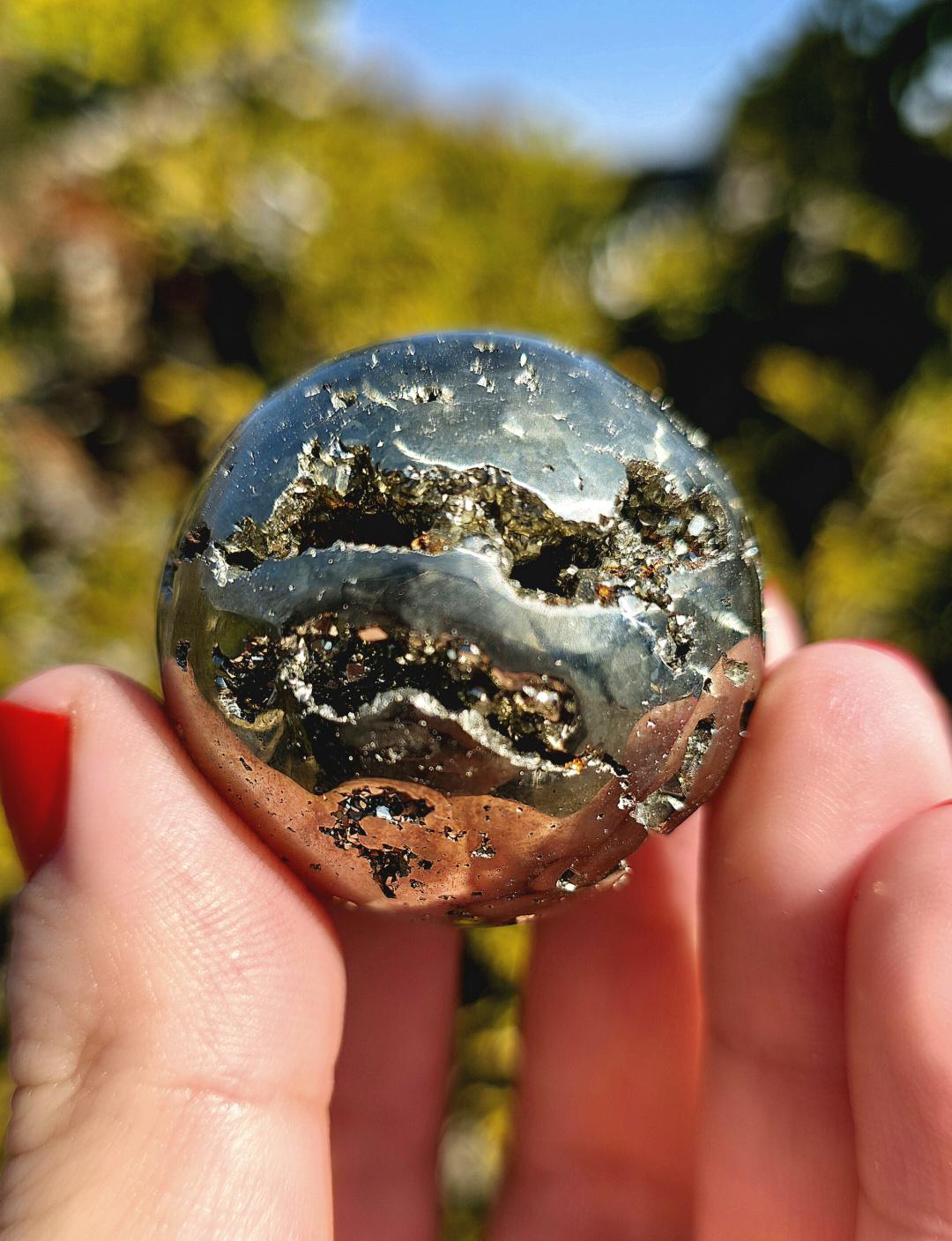 Druzy Pyrite Sphere | Sparkling Fool’s Gold Crystal Ball | Natural Metallic Mineral Specimen Decor