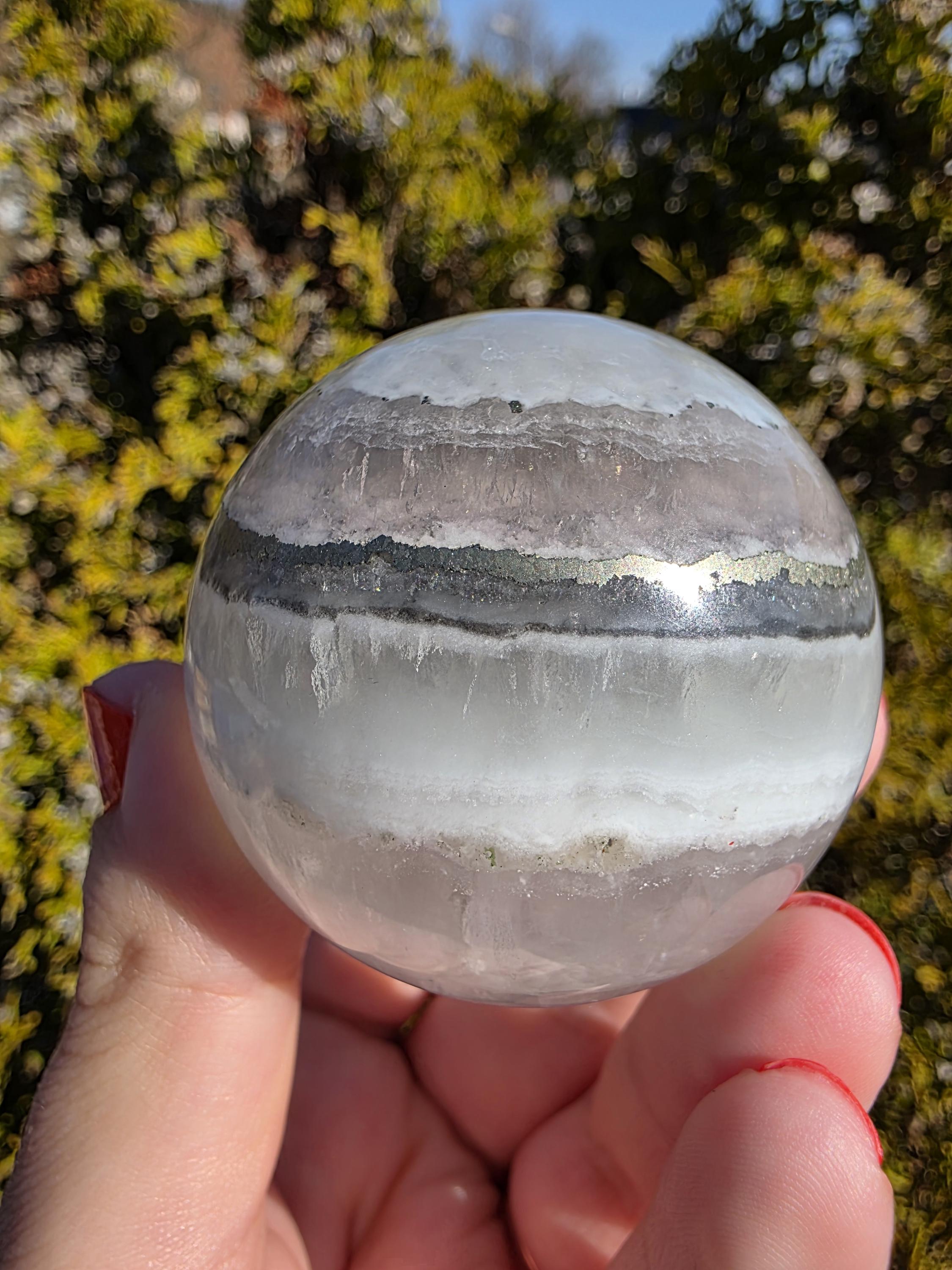 Clear Fluorite Sphere with Pyrite Band | Polished Crystal Ball | Natural Fluorite Mineral Decor Gift