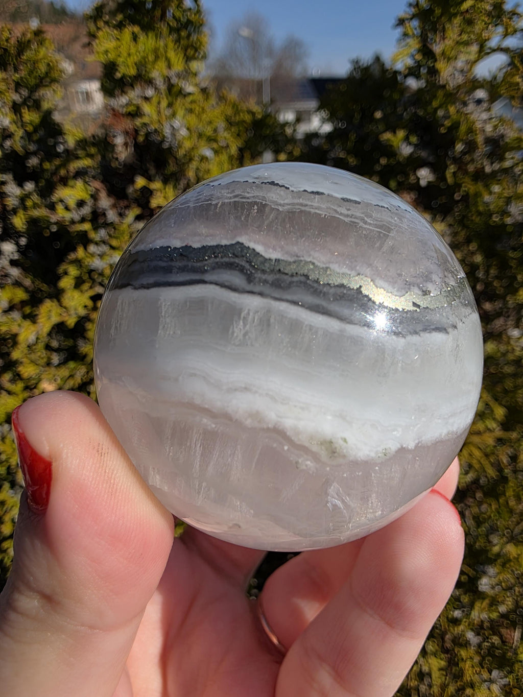 Clear Fluorite Sphere with Pyrite Band | Polished Crystal Ball | Natural Fluorite Mineral Decor Gift