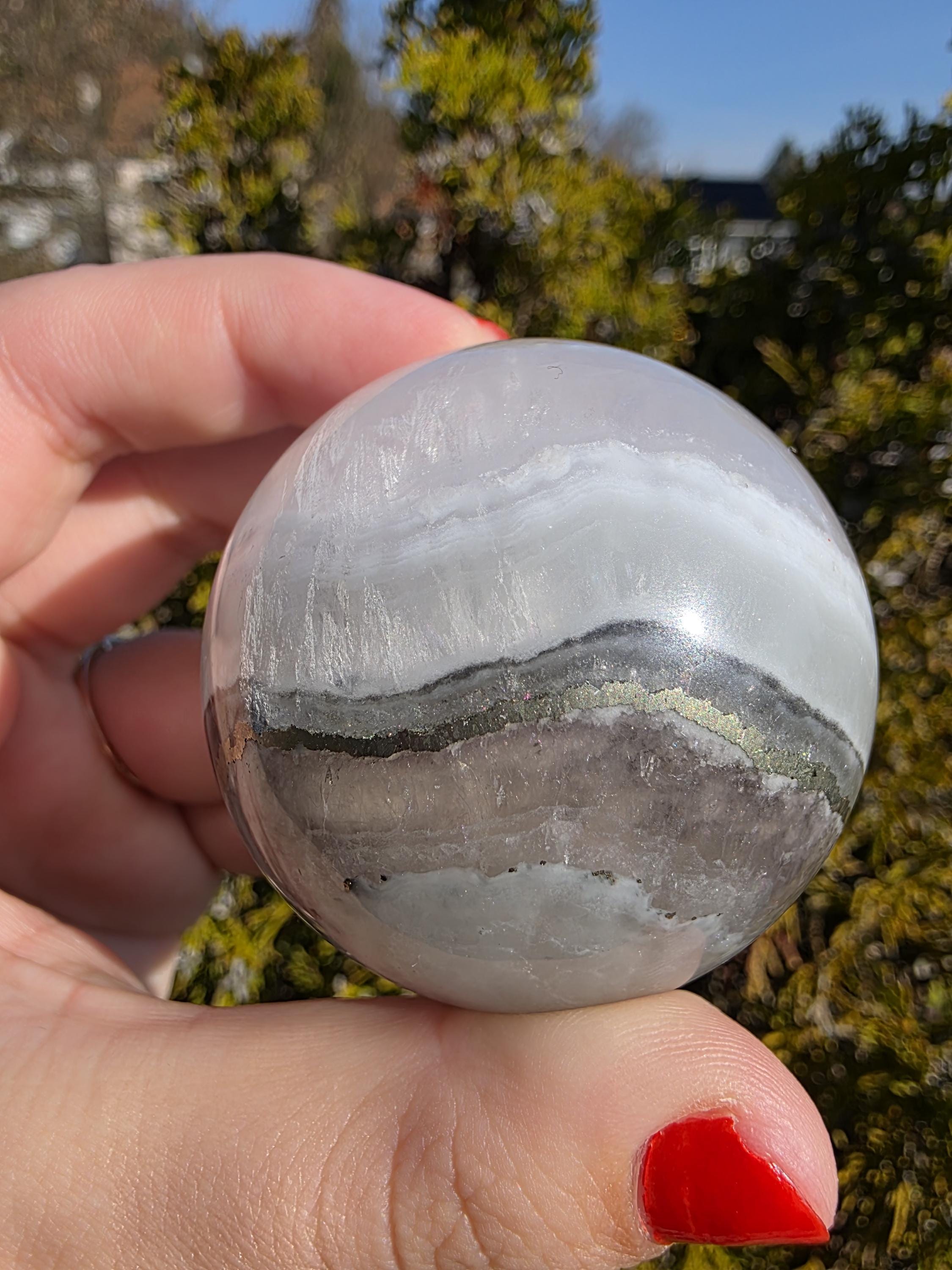 Clear Fluorite Sphere with Pyrite Band | Polished Crystal Ball | Natural Fluorite Mineral Decor Gift