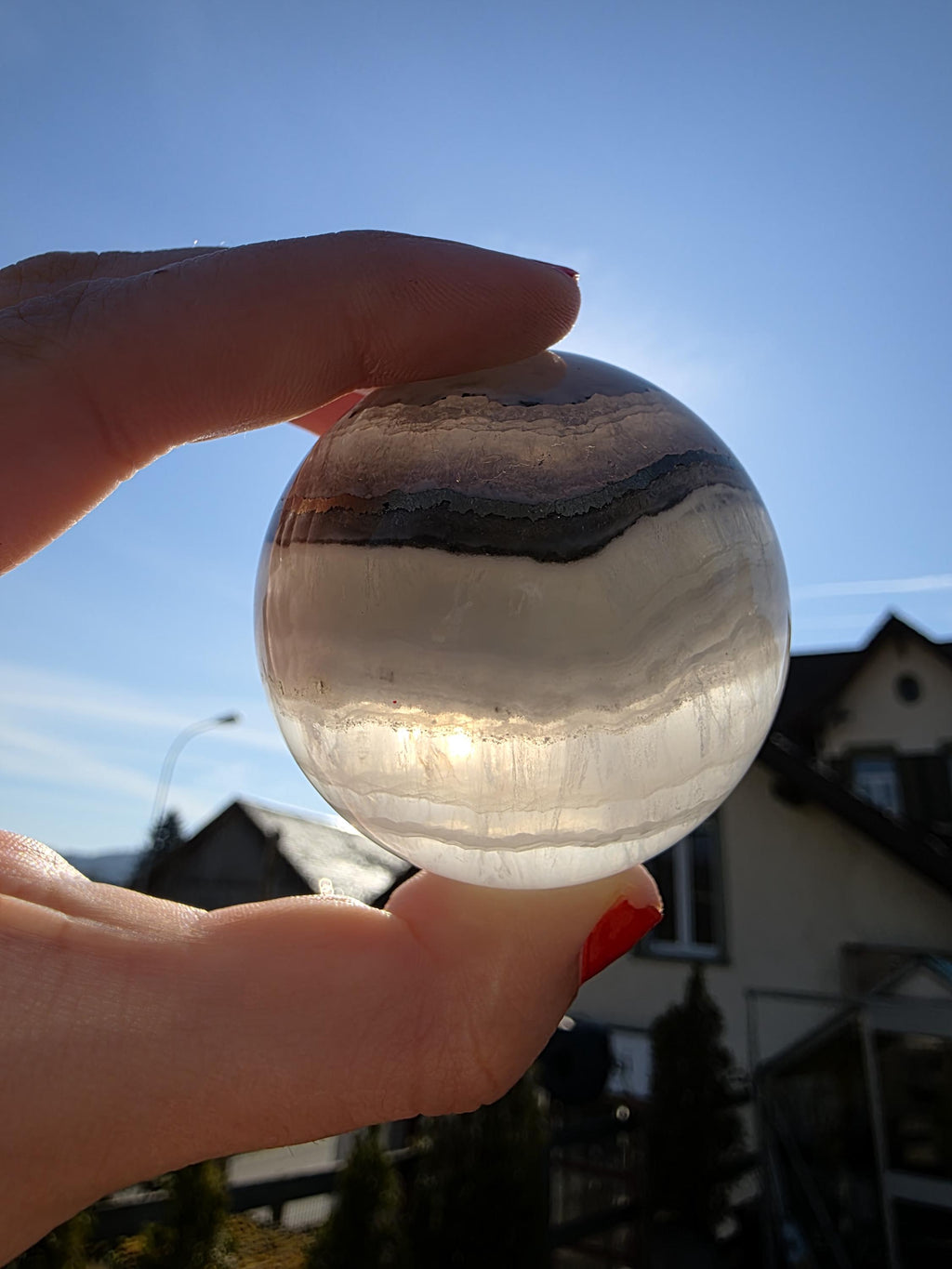 Clear Fluorite Sphere with Pyrite Band | Polished Crystal Ball | Natural Fluorite Mineral Decor Gift