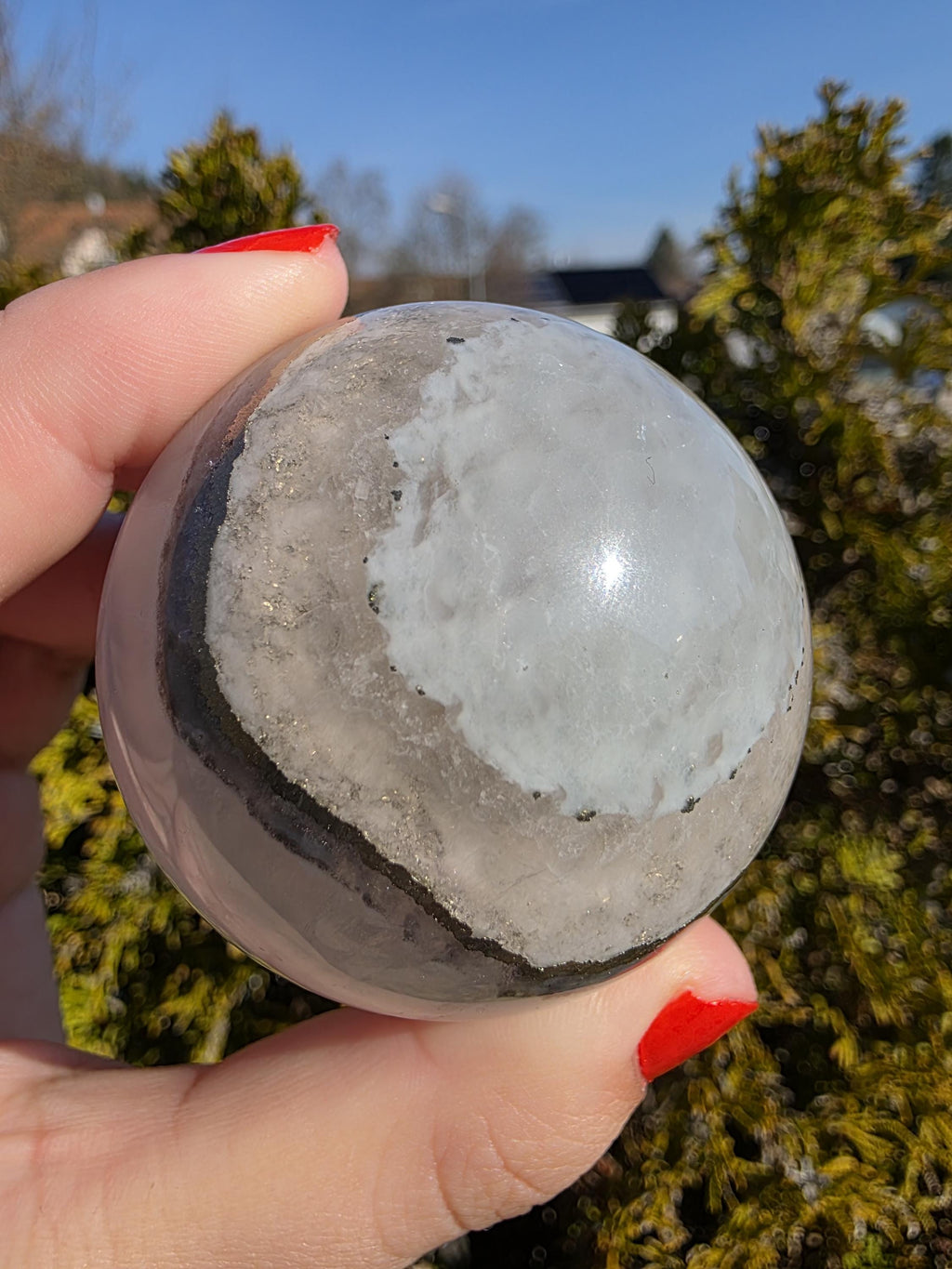 Clear Fluorite Sphere with Pyrite Band | Polished Crystal Ball | Natural Fluorite Mineral Decor Gift
