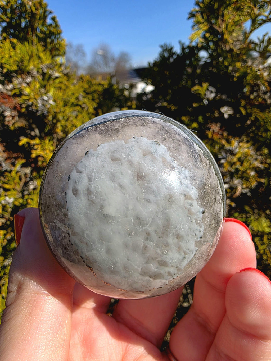 Clear Fluorite Sphere with Pyrite Band | Polished Crystal Ball | Natural Fluorite Mineral Decor Gift