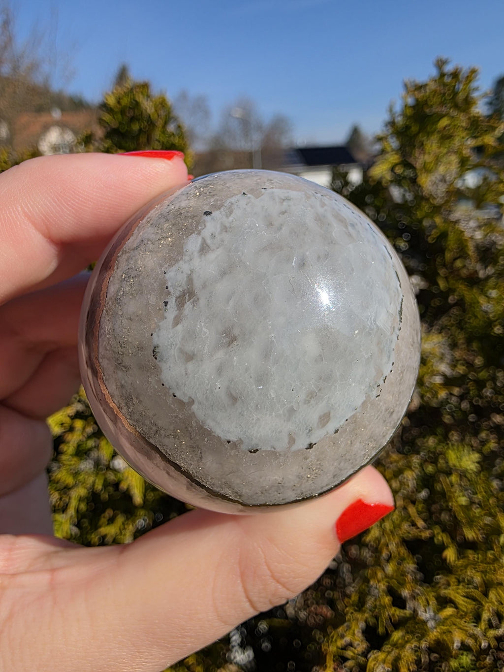 Clear Fluorite Sphere with Pyrite Band | Polished Crystal Ball | Natural Fluorite Mineral Decor Gift
