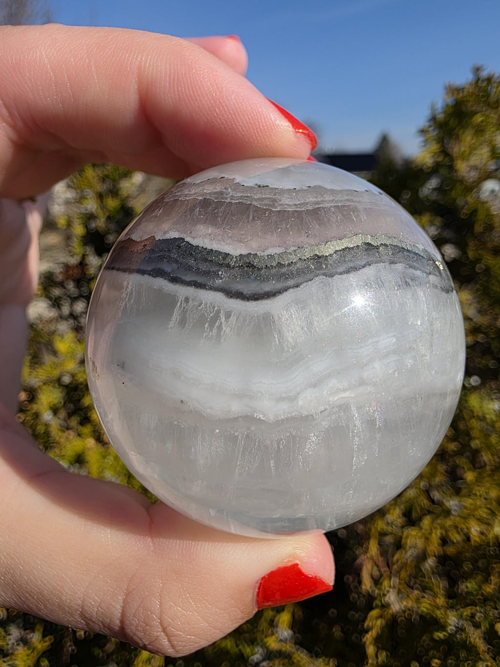 Clear Fluorite Sphere with Pyrite Band | Polished Crystal Ball | Natural Fluorite Mineral Decor Gift