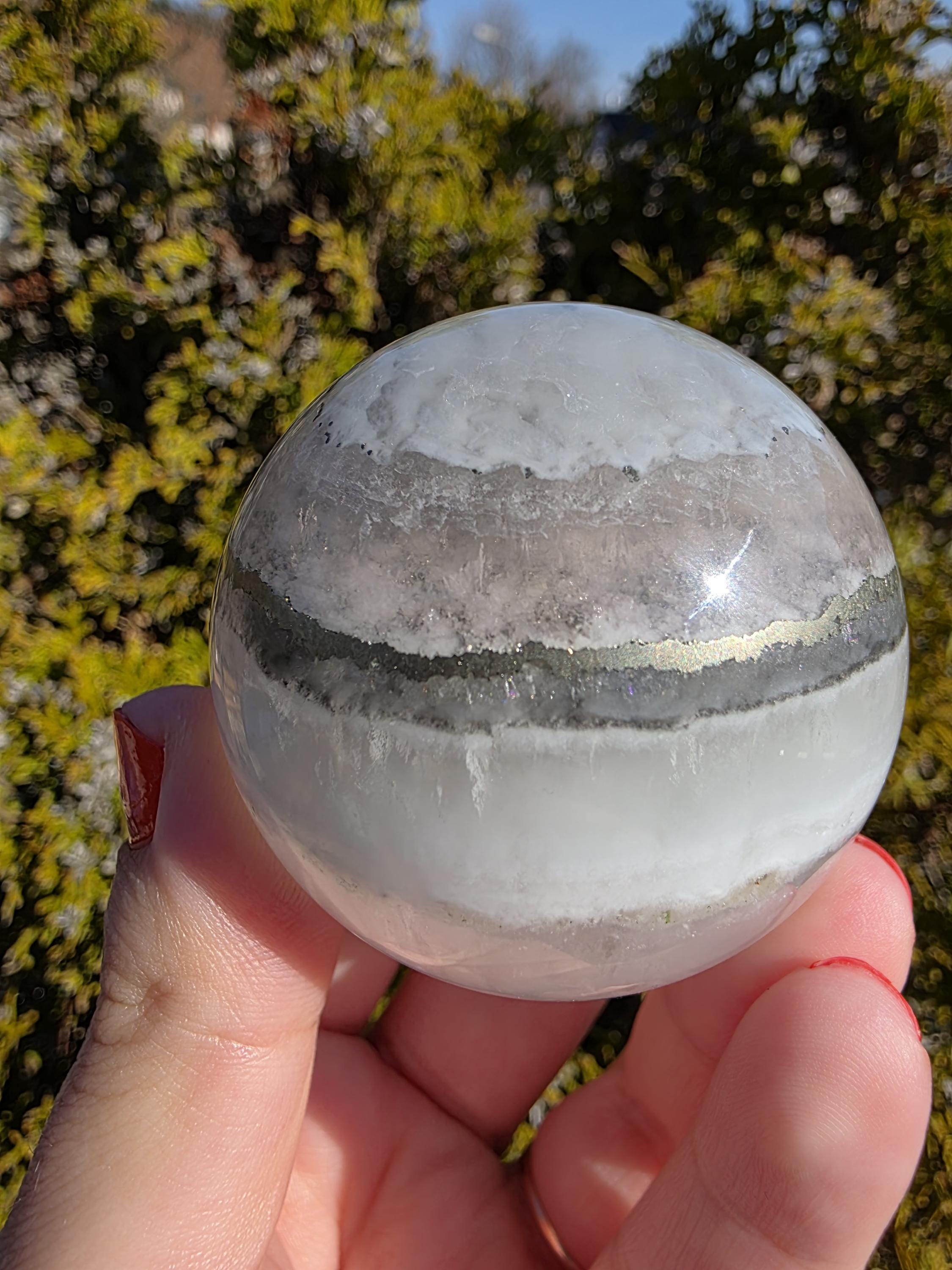 Clear Fluorite Sphere with Pyrite Band | Polished Crystal Ball | Natural Fluorite Mineral Decor Gift