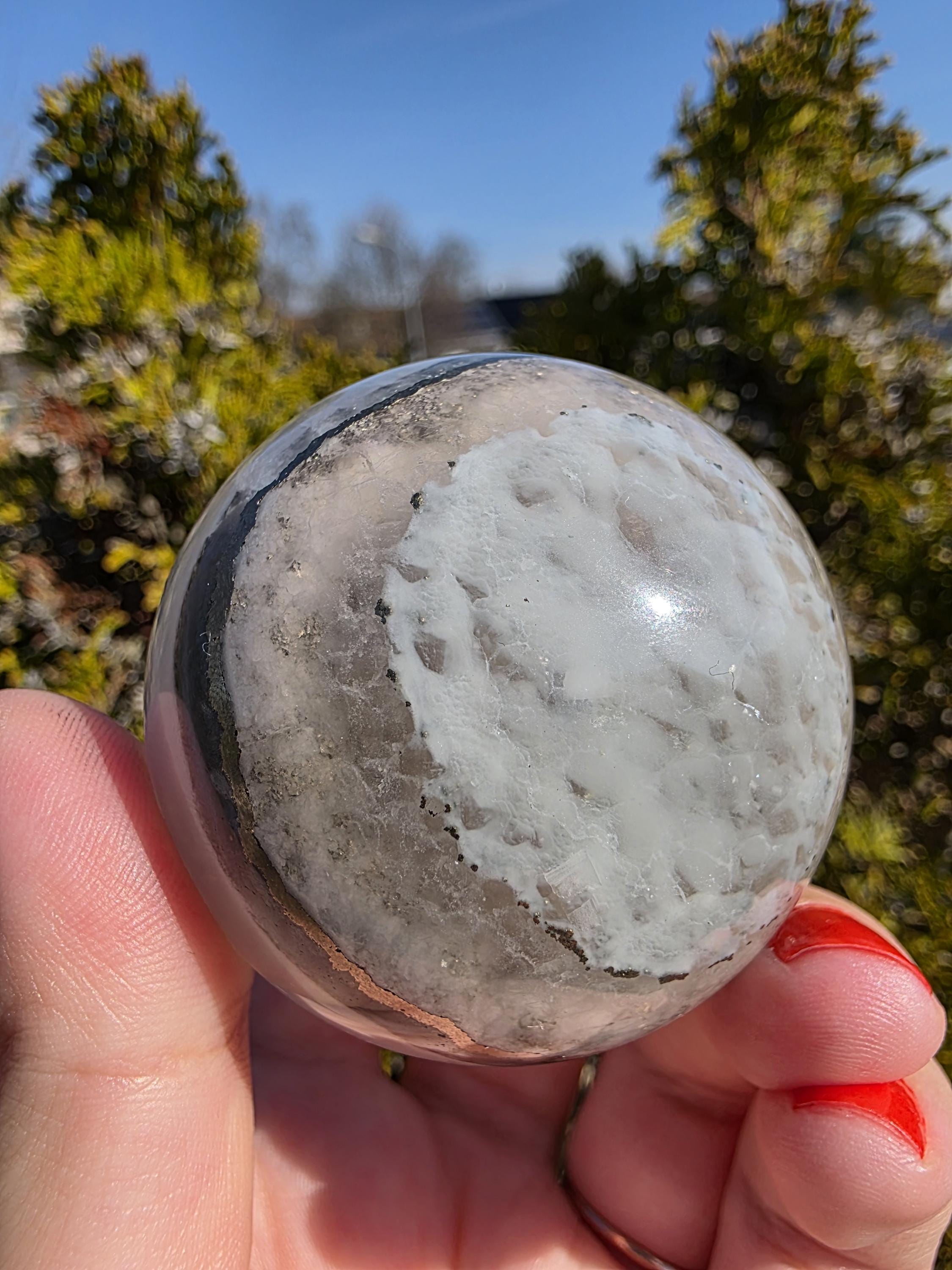 Clear Fluorite Sphere with Pyrite Band | Polished Crystal Ball | Natural Fluorite Mineral Decor Gift
