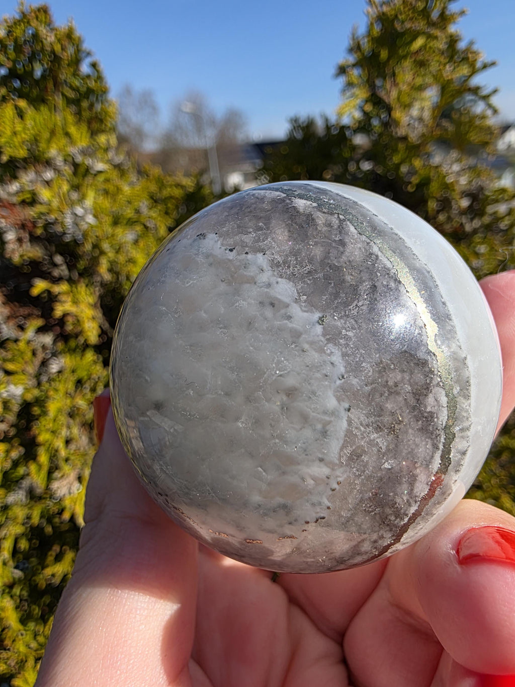 Clear Fluorite Sphere with Pyrite Band | Polished Crystal Ball | Natural Fluorite Mineral Decor Gift