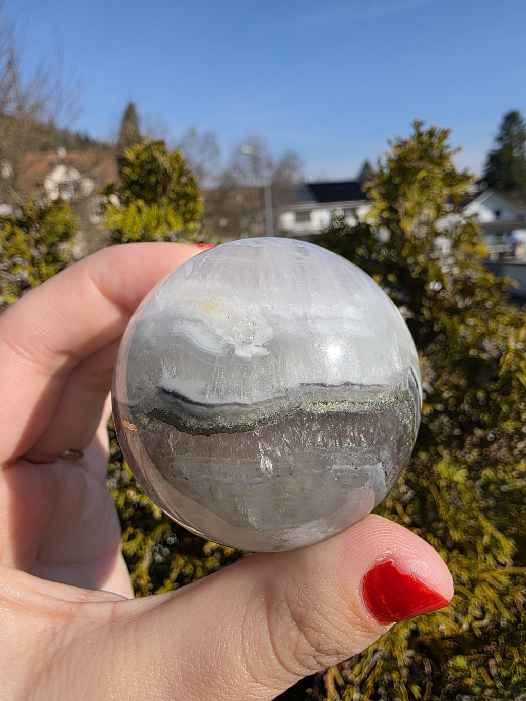 Clear Fluorite Sphere with Pyrite Band | Polished Crystal Ball | Natural Fluorite Mineral Decor Gift
