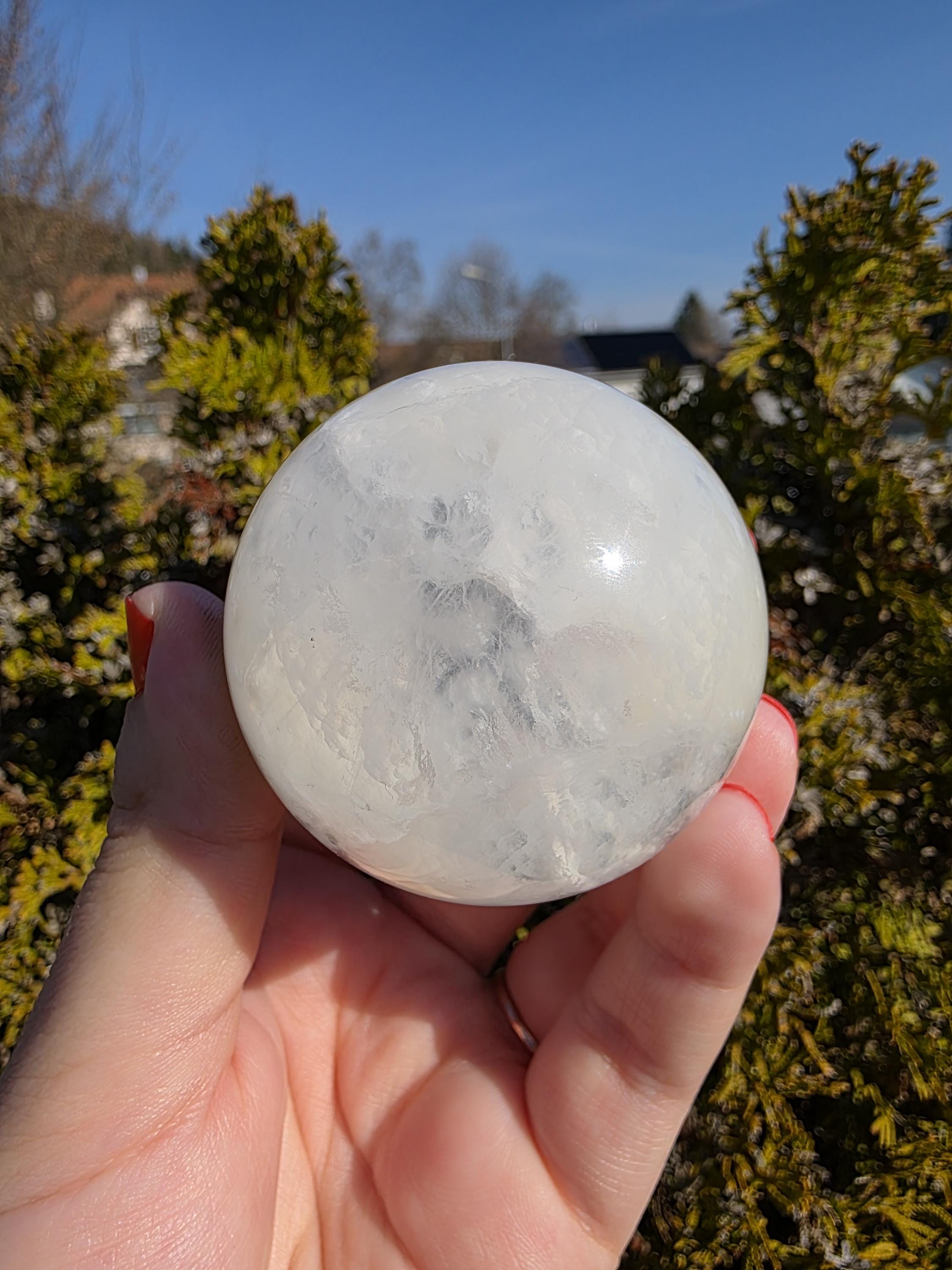 Clear Fluorite Sphere with Pyrite Band | Polished Crystal Ball | Natural Fluorite Mineral Decor Gift