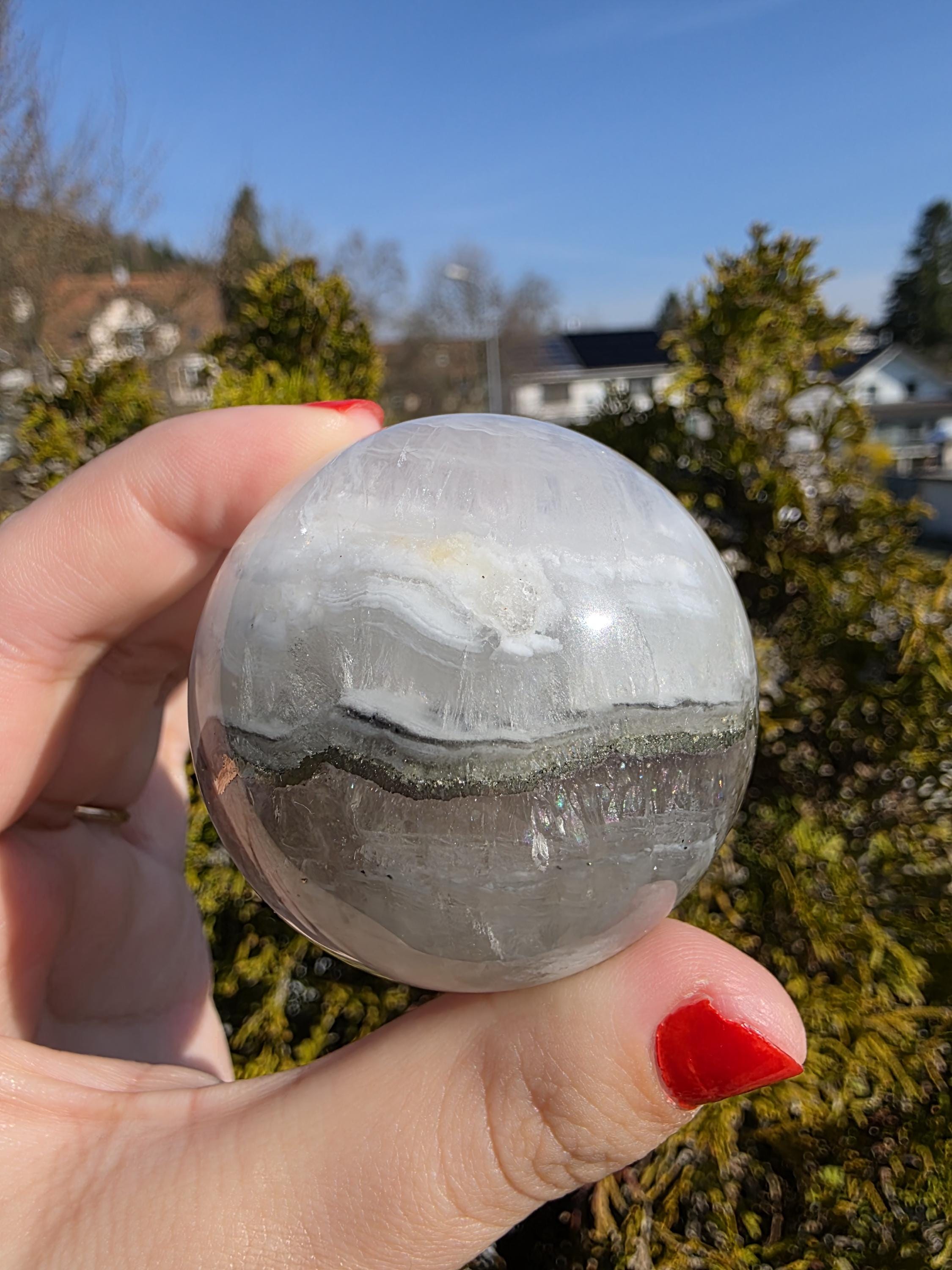 Clear Fluorite Sphere with Pyrite Band | Polished Crystal Ball | Natural Fluorite Mineral Decor Gift