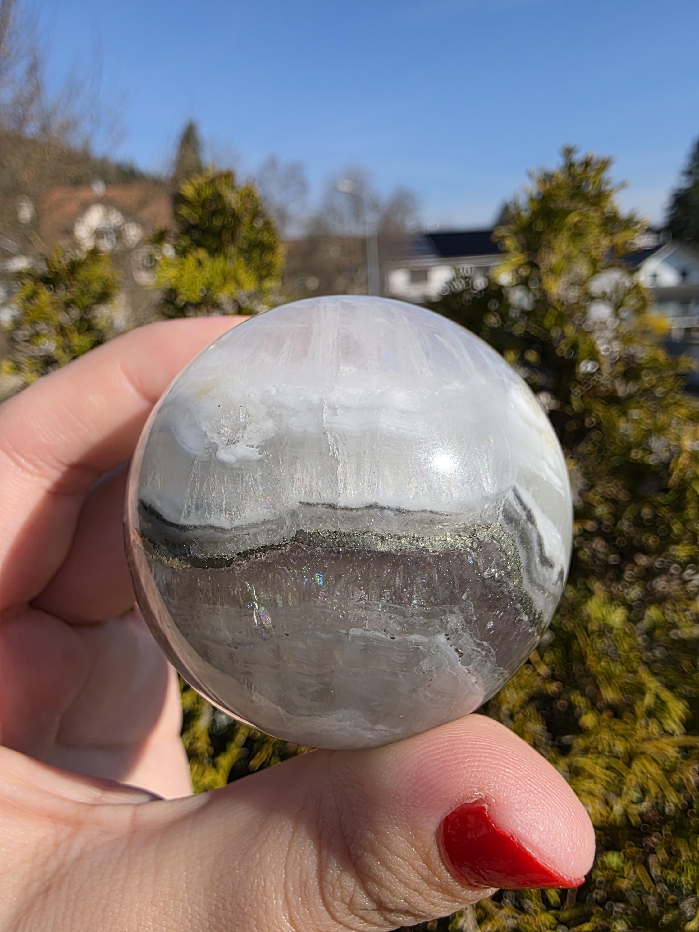 Clear Fluorite Sphere with Pyrite Band | Polished Crystal Ball | Natural Fluorite Mineral Decor Gift