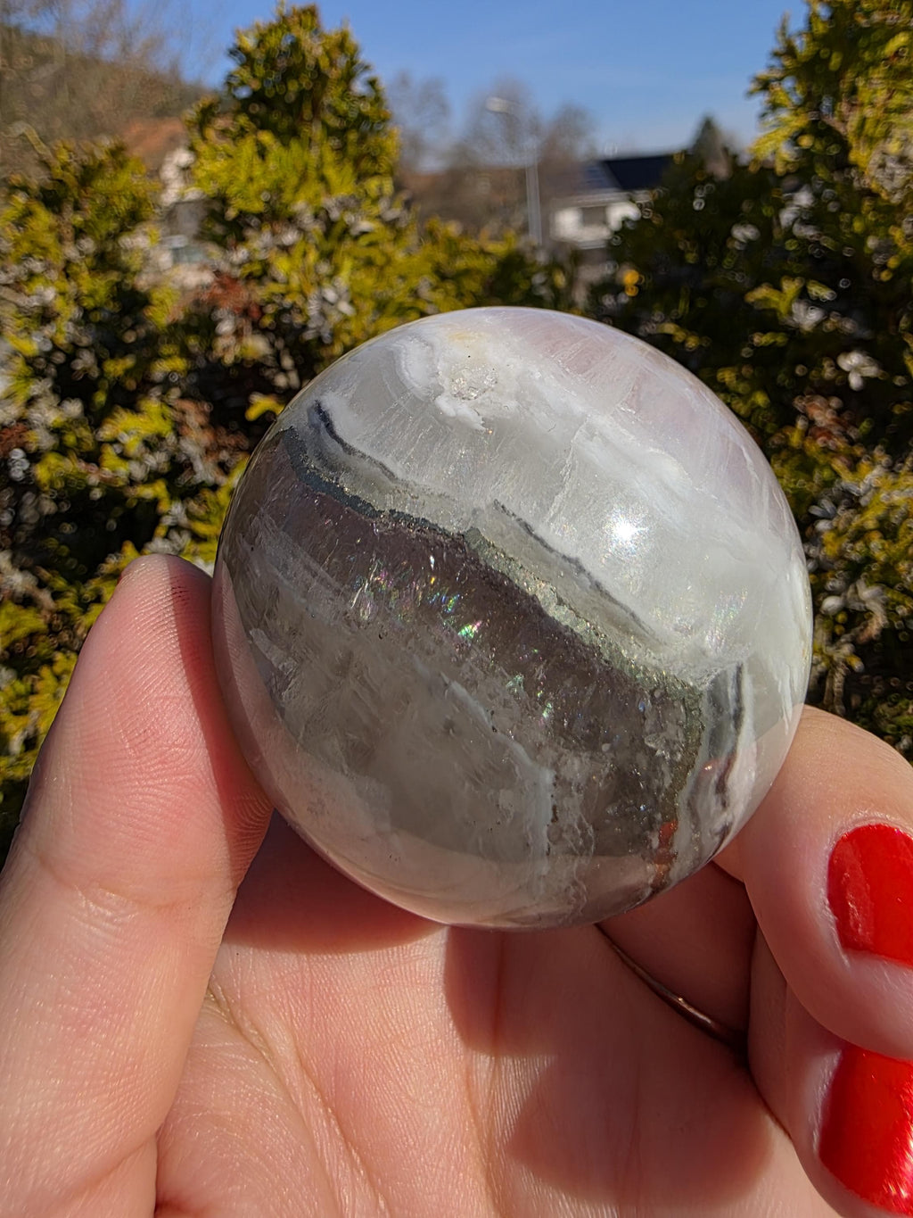 Clear Fluorite Sphere with Pyrite Band | Polished Crystal Ball | Natural Fluorite Mineral Decor Gift