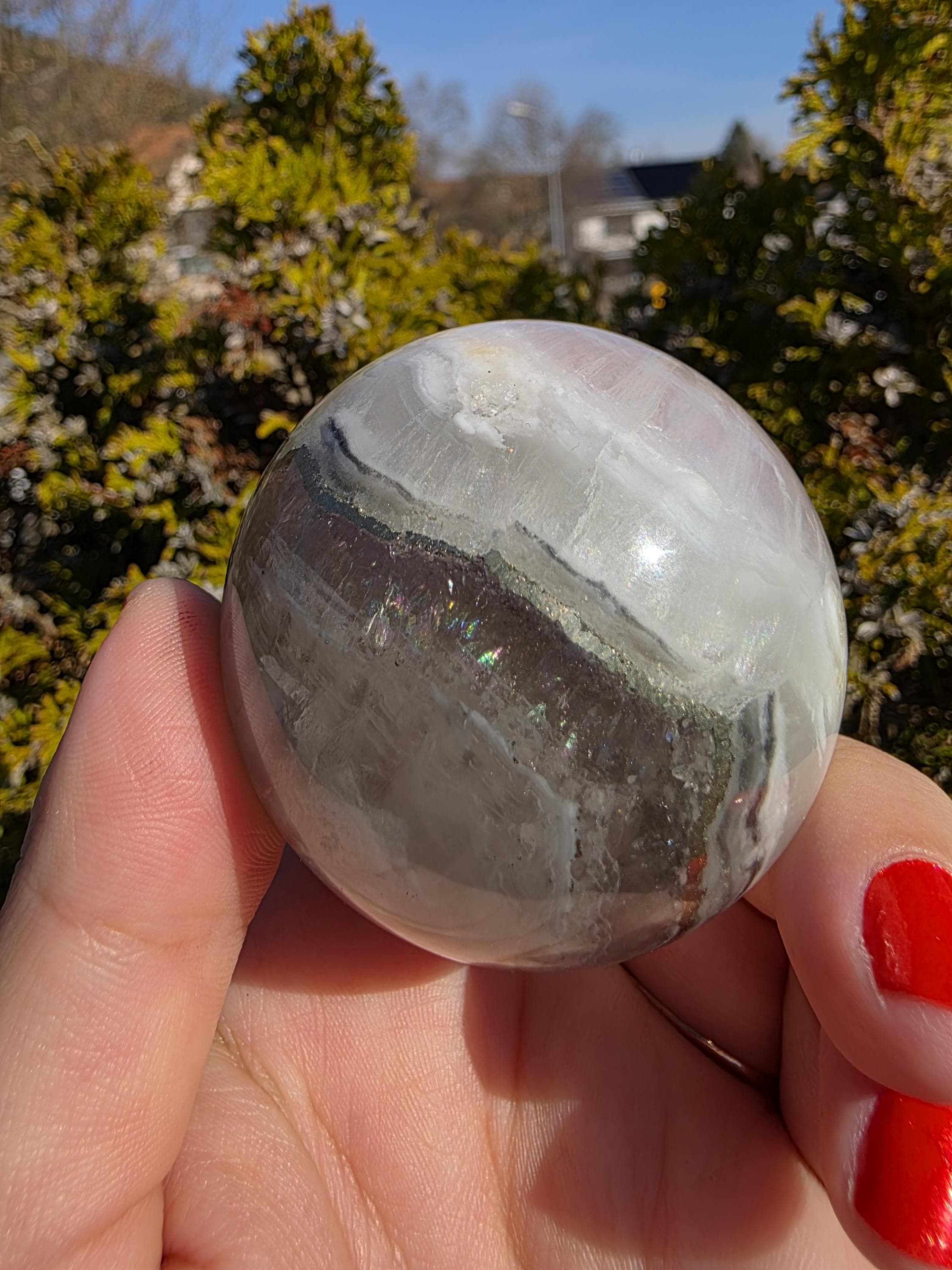 Clear Fluorite Sphere with Pyrite Band | Polished Crystal Ball | Natural Fluorite Mineral Decor Gift