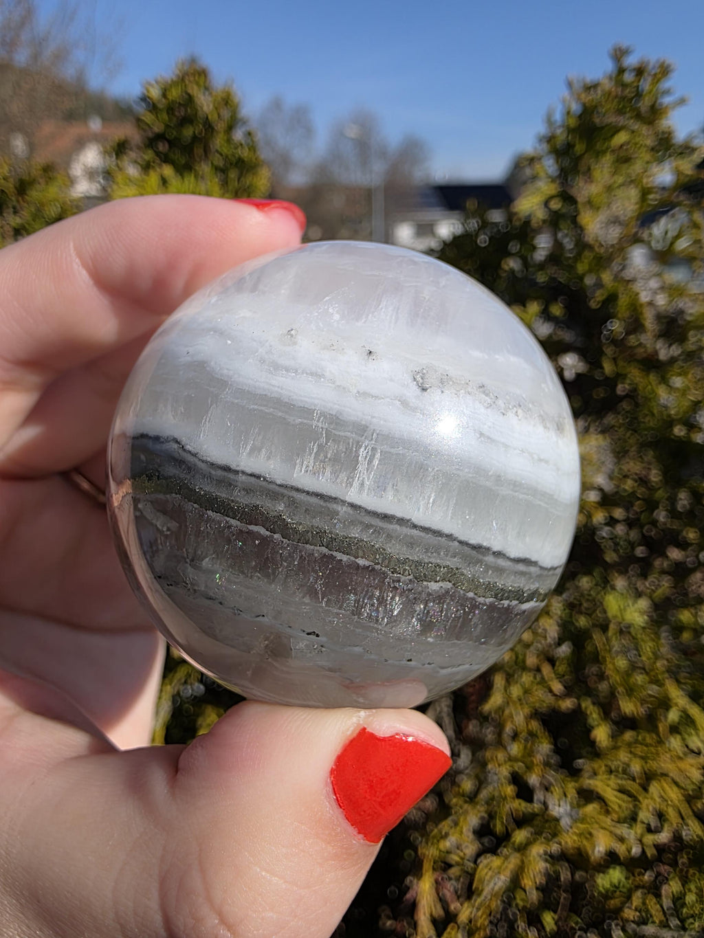 Clear Fluorite Sphere with Pyrite Band | Polished Crystal Ball | Natural Fluorite Mineral Decor Gift